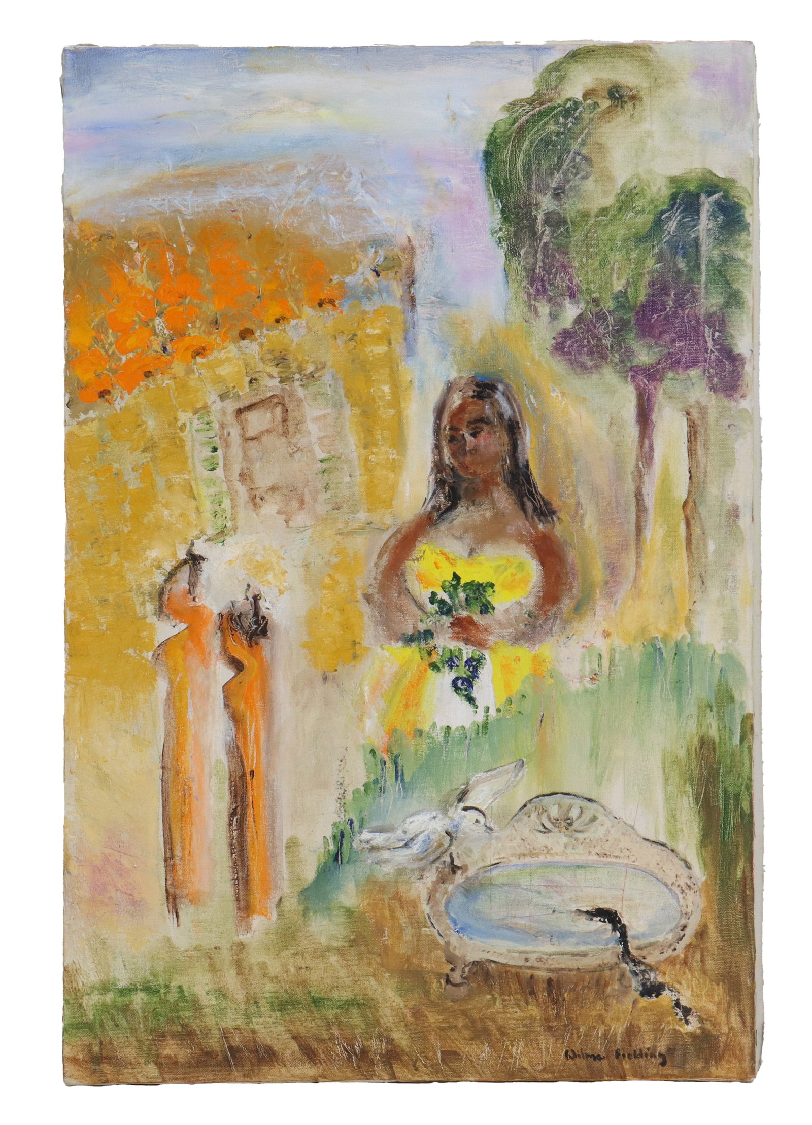 Wilma Fielding (20th Century) British, Oil on Canvas Impressionist Figural of Woman with Flowers (1 of 10)