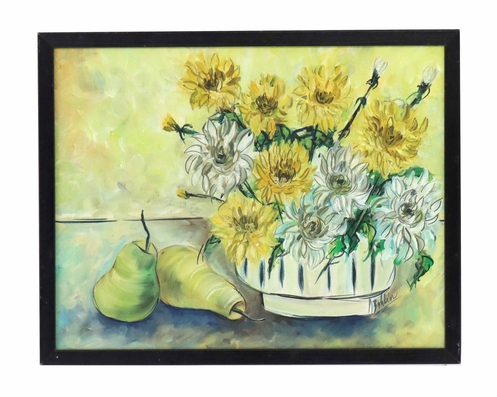 Vintage Signed Bohlin Oil on Canvas Mid-Century Modern Still Life of Daisies and Pears (1 of 8)