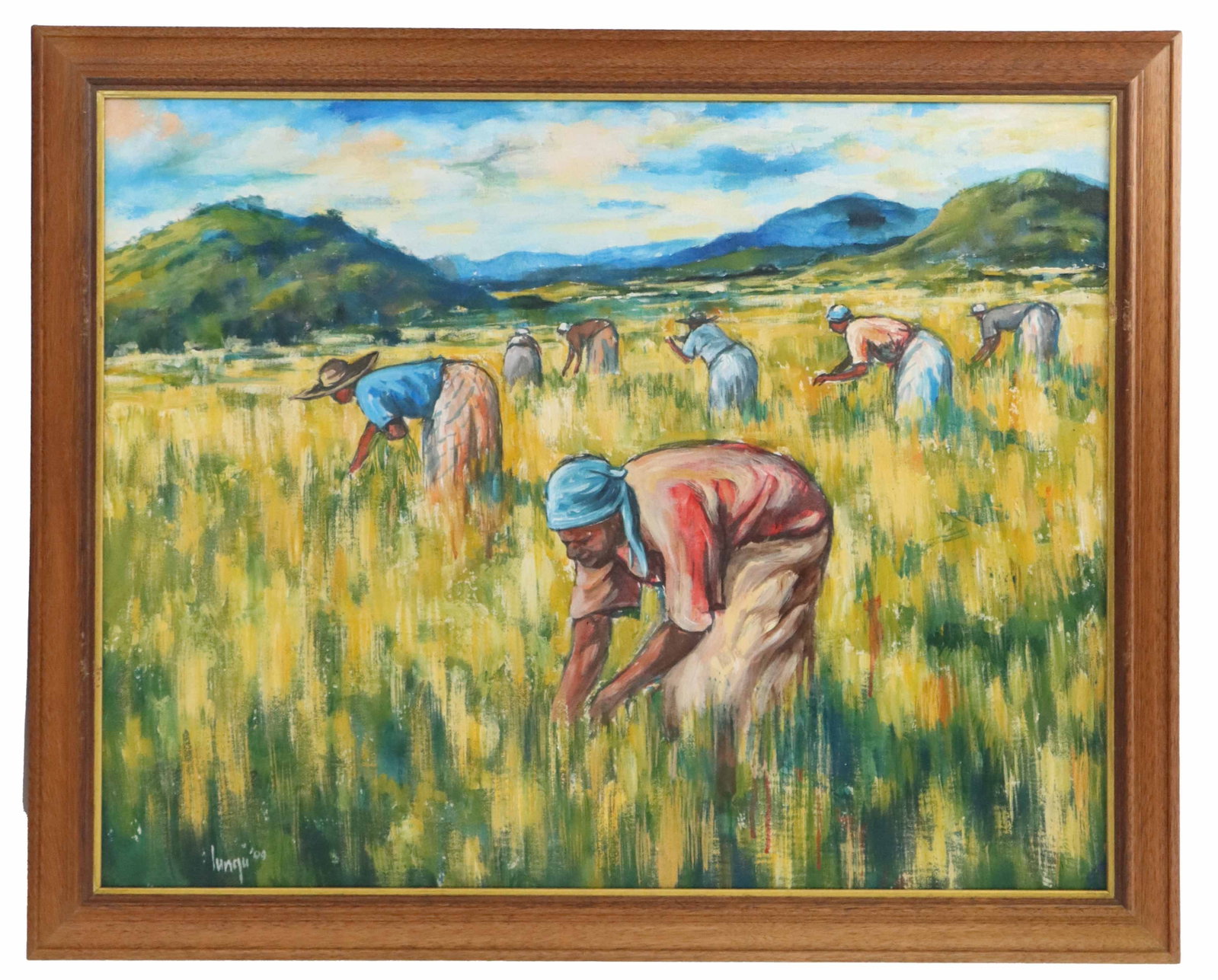 Barry Lungu (Born 1972) Zimbabwean, Oil on Canvas: Barry Lungu (Born 1972) Zimbabwean, Oil on Canvas. Depicts women harvesting from a field with mountains in the distance. Signed and dated '00 bottom left. Framed. Overall Size: 31