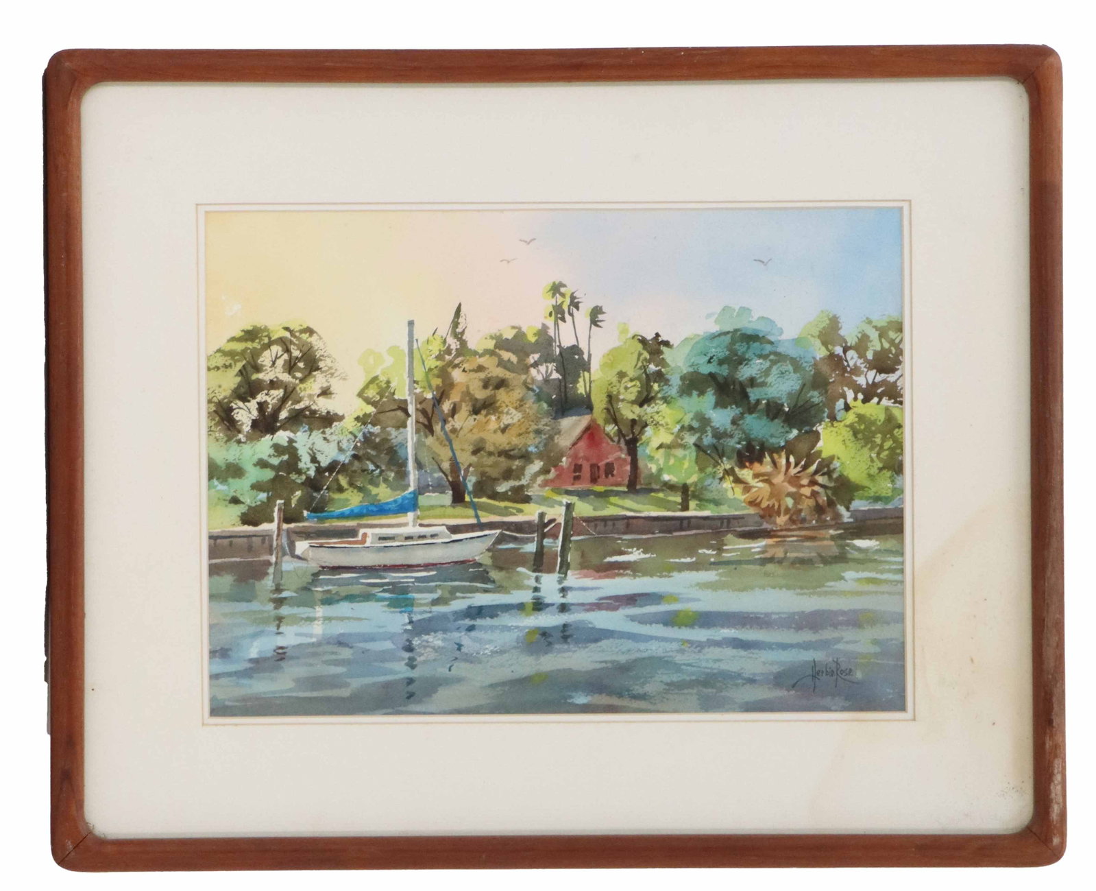 Herbie Rose (1930-2017) Jamaican/American, Harbor Scene Watercolor on Paper: Herbie Rose (1930-2017) Jamaican/American, Harbor Scene Watercolor on Paper. Depicts a sailboat tied up at a dock with a small house in a tropical port behind it. Signed bottom right. Overall