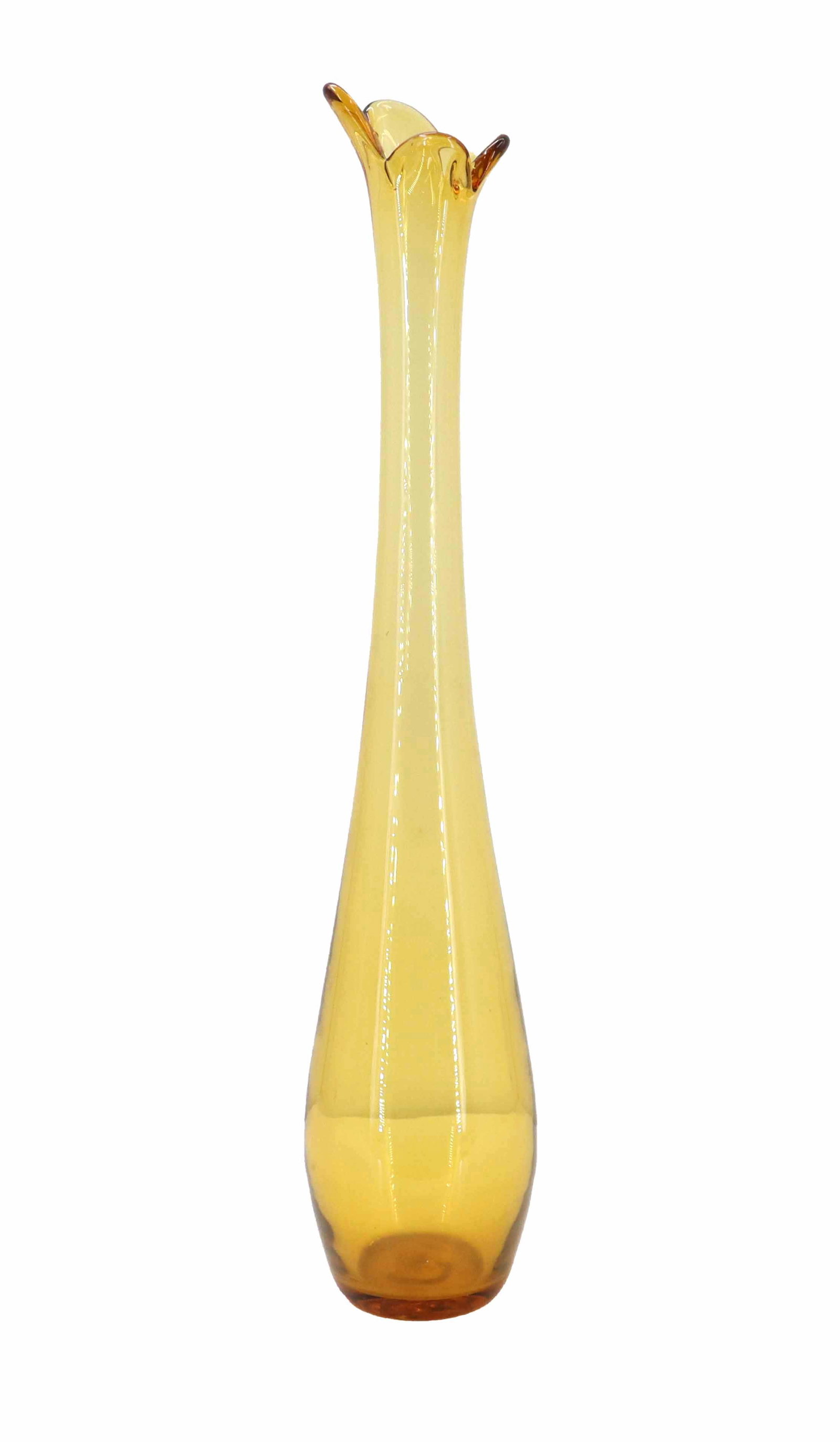 Tall Blenko Art Nouveau Yellow Vase #7723: Tall Blenko Art Nouveau Yellow Vase #7723. Elegant mid-century modern swung glass bud vase, characterized by its elongated, teardrop-shaped base and distinct, ruffled "flame" top in a warm a