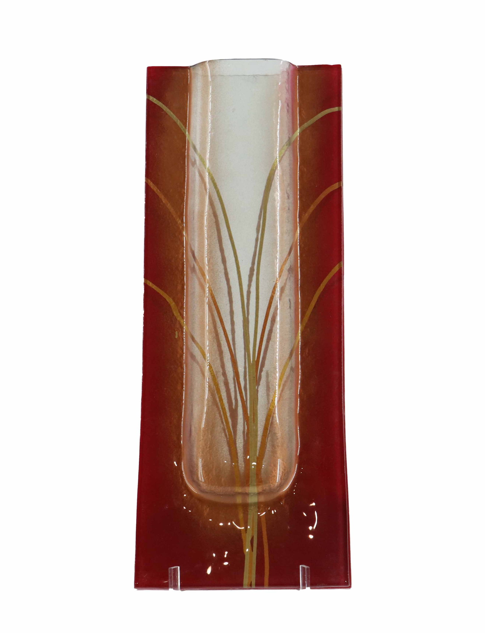 Mark Hines (1945-2015) American, Vintage Slump Glass Vase: Mark Hines (1945-2015) American, Vintage Slump Glass Vase. Rectangular fused glass vase featuring a deep red border that frames a translucent center decorated with slender, arching golden l