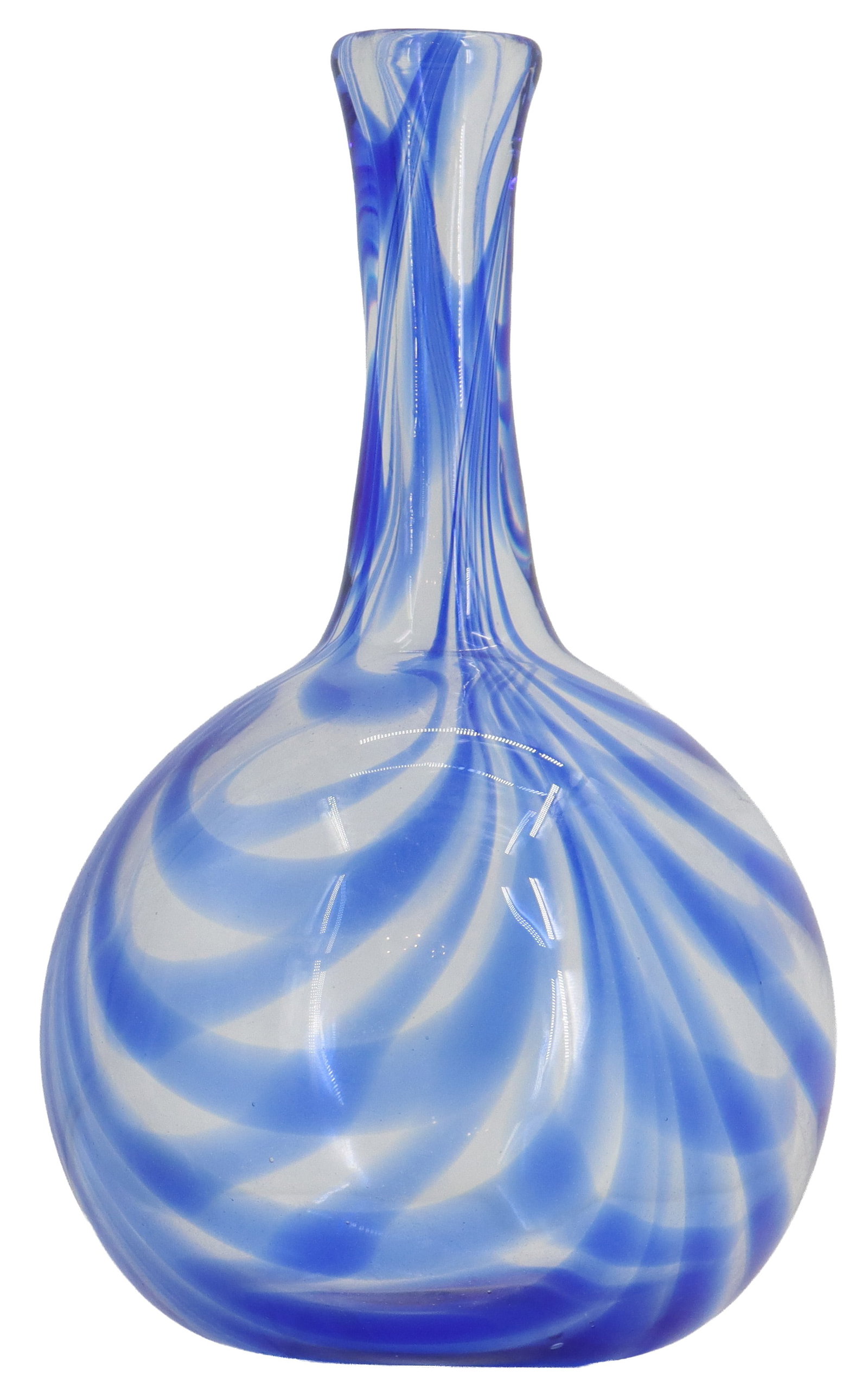 Vintage Metropolitan Museum of Art (MMA) Hand Blown Glass Vase: Vintage Metropolitan Museum of Art (MMA) Hand Blown Glass Vase. Hand-blown glass bud vase featuring a bulbous body and a slender neck, decorated with a vibrant cobalt blue and translucent w
