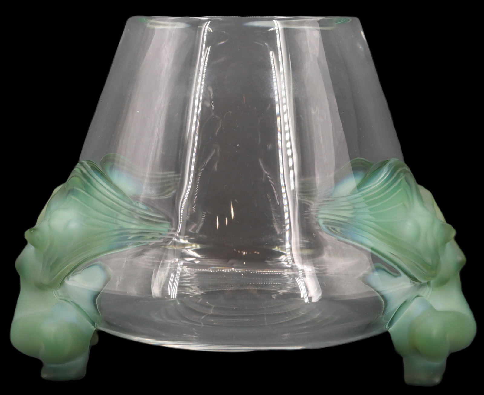 Lalique Crystal Antinea Vase in Original Box: Lalique Crystal Antinea Vase in Original Box. Two mirrored nude female forms with flowing hair crouching down back-to-back appear on either side, making four figures in all. They are in rich frosted g