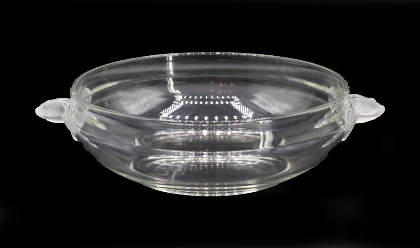 Mikasa "Satin Rose" Serving Bowl with Frosted Handles: Mikasa "Satin Rose" Serving Bowl with Frosted Handles. Clear main body with rose-shaped frosted handles, in a pattern produced for the company primarily by Walther-Glas in West Germany 