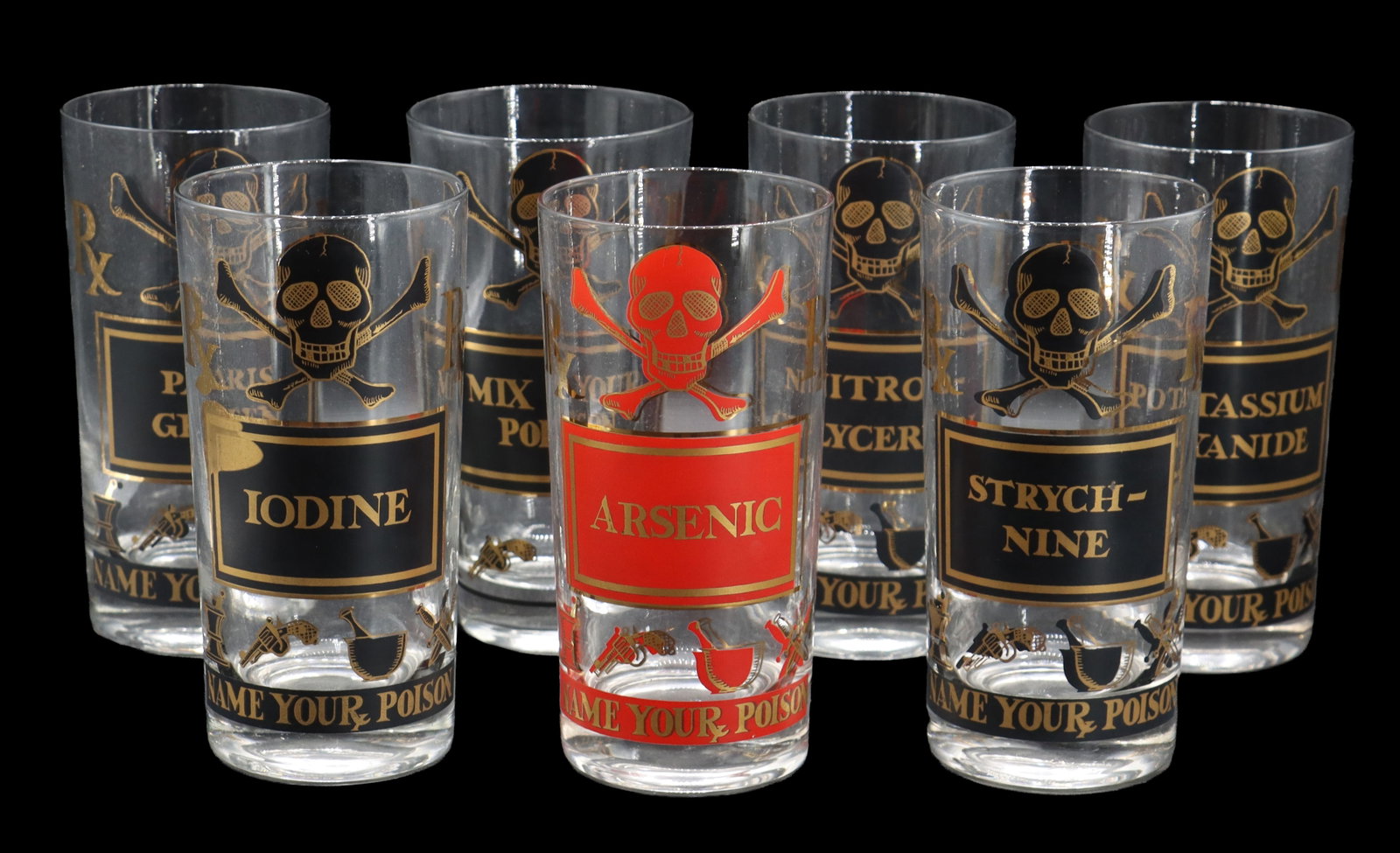 (8) Mid-Century Modern "Pick Your Poison" Highball Glasses: (8) Mid-Century Modern "Pick Your Poison" Highball Glasses. Vintage "Name Your Poison" cocktail glasses, each featuring macabre skull-and-crossbones graphics alongside labels for