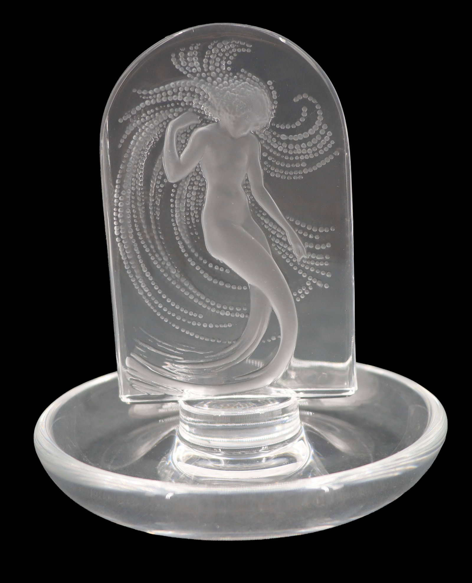 Lalique "Naiade" Frosted Crystal Ring Holder: Lalique "Naiade" Frosted Crystal Ring Holder. The round dish has a support in the middle on which an archway-shaped piece appears, with a beautiful nude water nymph surrounded by swirls of