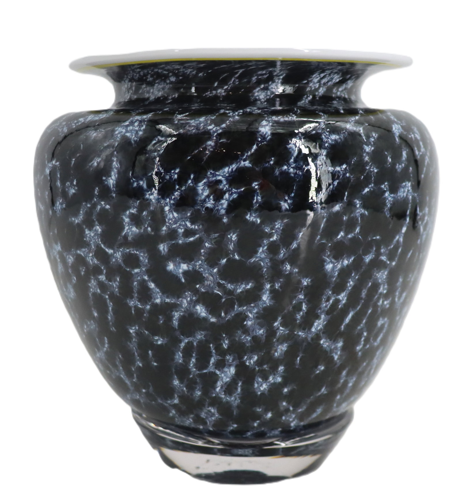 Bryon Sutherland (Born 1969) American, Art Glass Vase: Bryon Sutherland (Born 1969) American, Art Glass Vase. The hand blown classic squat shape has a murky blue-grey body with a yellow and white pronounced lip along the opening. Signed and dated 2014 on