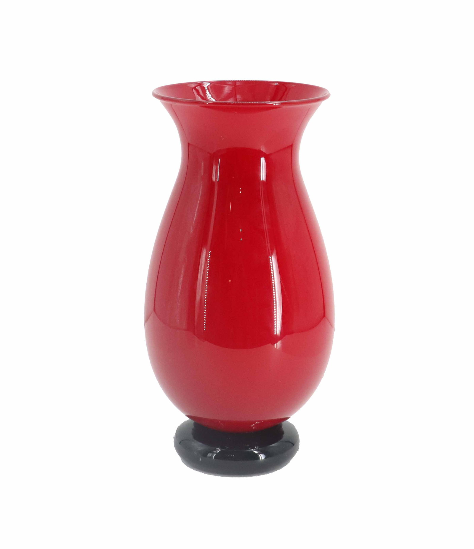 Signed Art Glass Vase: Signed Art Glass Vase. A vibrant, glossy red glass vase featuring a classic flared rim, a rounded bulbous body, and a contrasting solid black circular base. Signed on base, Carla Choo, 16573. Size: