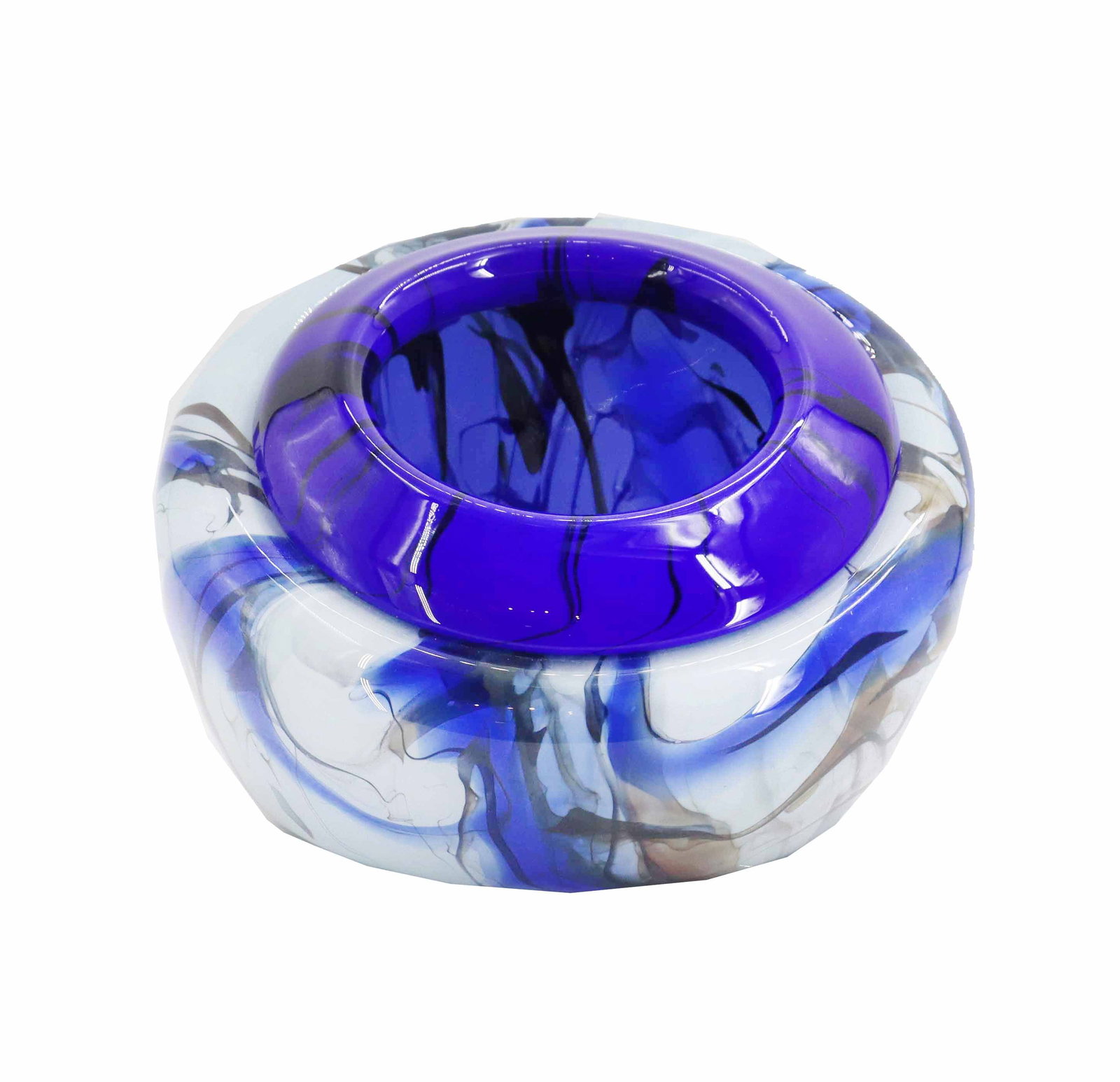 LaChaussee Studio Art Glass Bead Pot: LaChaussee Studio Art Glass Bead Pot. Striking cobalt color to the interior, with streaked white, black, and clear lines throughout the main body. Signed and dated 2019 on the bottom, and titled