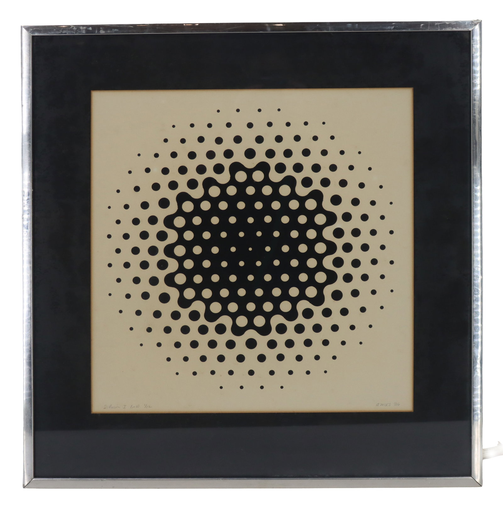 Anne Kesler Shields (1932-2012) American, 1966 Silkscreen, "Diffusion I. B&W": Anne Kesler Shields (1932-2012) American, 1966 Silkscreen, "Diffusion I. B&W". Pencil signed with initials numbered. Exhibition label on reverse. Shields studied with Hans Hoffman in