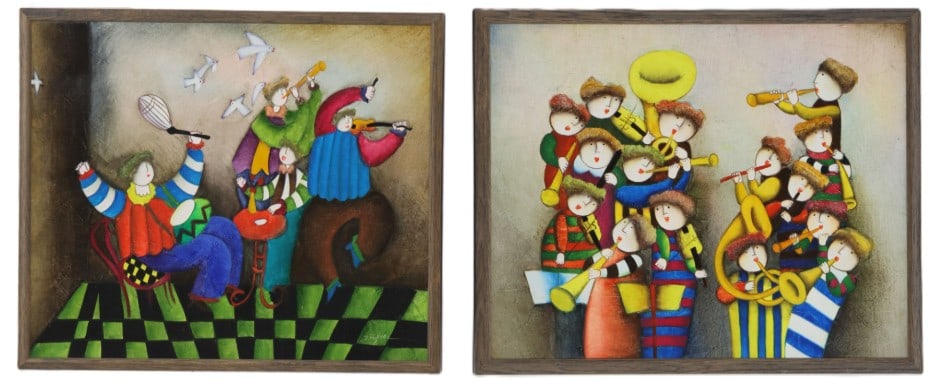(2) Joyce Roybal (20th Century) American, Oil on Canvas Whimsical Folk Art: (2) Joyce Roybal (20th Century) American, Oil on Canvas Whimsical Folk Art. Pair of whimsical oil paintings features stylized, round-faced musicians in vibrant, patterned clothing playing various