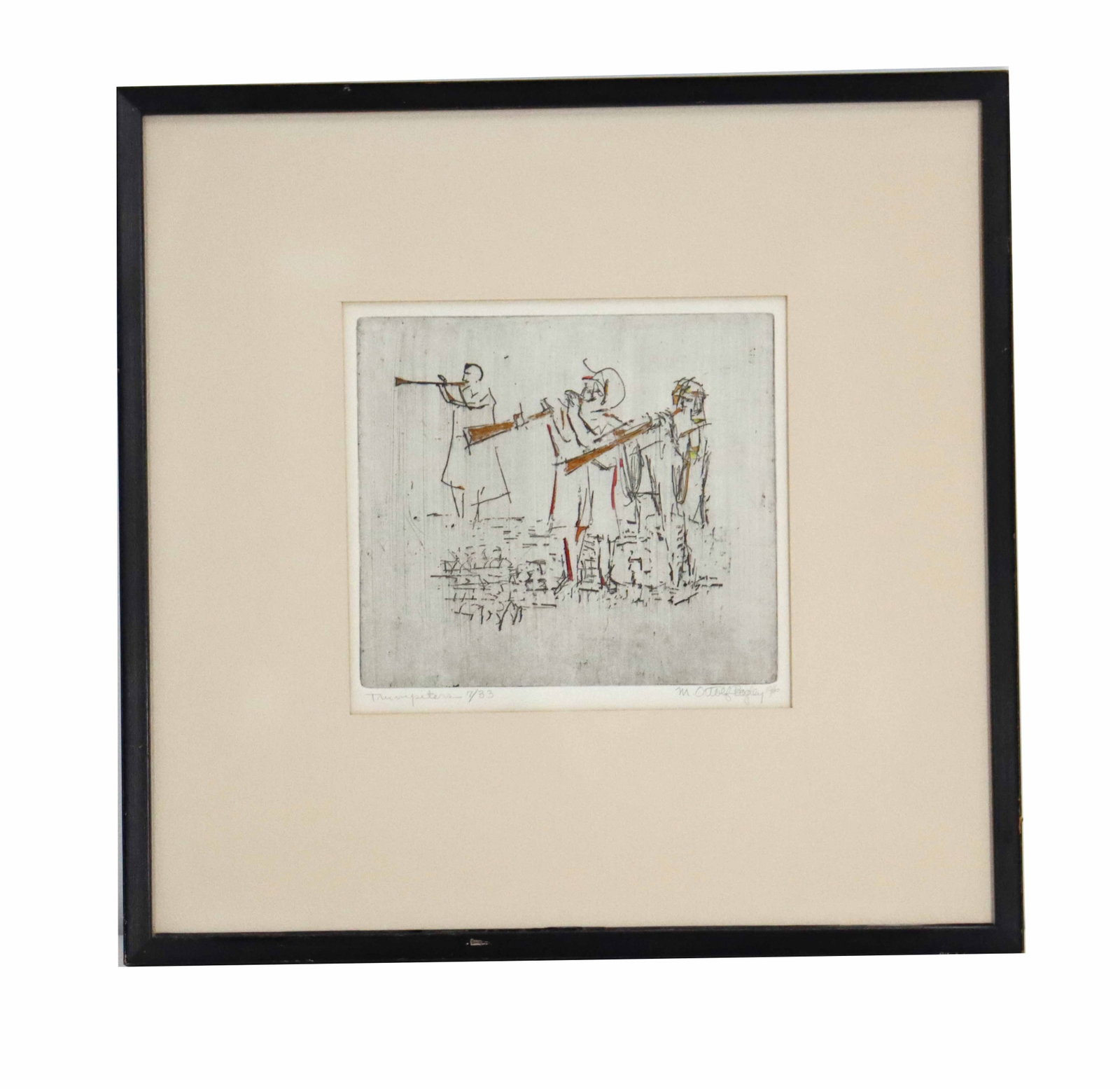 Marian-Ortolf Bagley (1931-2025) American, "Trumpeters" Limited Edition Lithograph: Marian-Ortolf Bagley (1931-2025) American, "Trumpeters" Limited Edition Lithograph. The abstract image uses minimal, selective color to create the appearance of the musicians with their inst