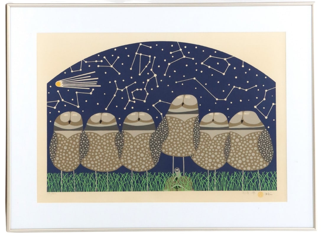 Ikki Matsumoto (1935-2013) Japanese/American, Whimsical Woodblock Print: Ikki Matsumoto (1935-2013) Japanese/American, Whimsical Woodblock Print. Depicts six owls observing a night sky filled with constellations and a passing comet, along with a turtle stargazing out of th