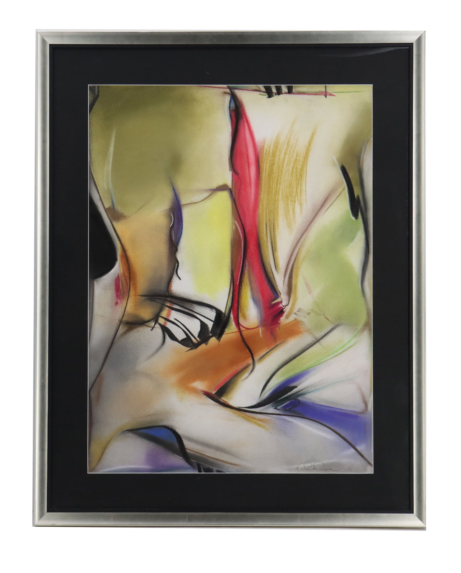 Signed Oil on Canvas Abstract: Signed Oil on Canvas Abstract. Abstract artwork features fluid, expressive lines and soft washes of color in shades of green, red, yellow, and purple, creating a dynamic sense of movement. Signed lowe