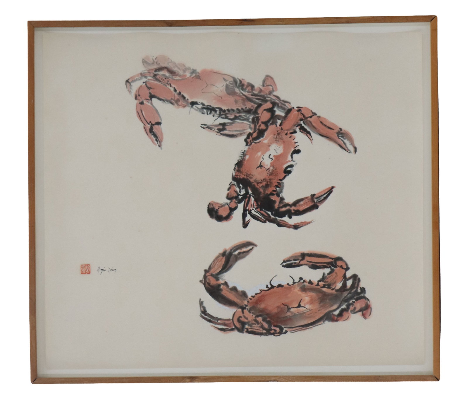 Angie Dixon (Born 1953) American, Original Crab Sumi Ink Painting on Rice Paper: Angie Dixon (Born 1953) American, Original Crab Sumi Ink Painting on Rice Paper. Depicts three crabs in soft tones and sharp detail. Signed with an Asian seal bottom middle left. Overall Size: 2