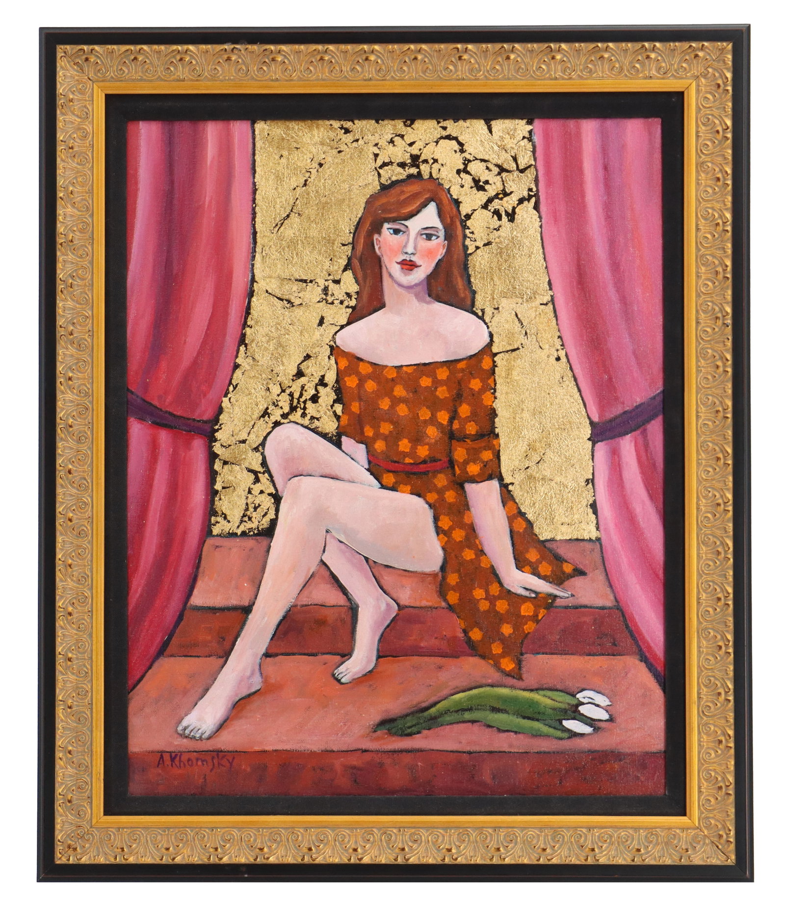 Alexander Khomsky (Born 1954) Russian/American, Original Oil on Canvas: Alexander Khomsky (Born 1954) Russian/American, Original Oil on Canvas. Title: "At the Steps." Depicts a demure red-haired woman sitting on steps between curtains in a flower dress, with a d