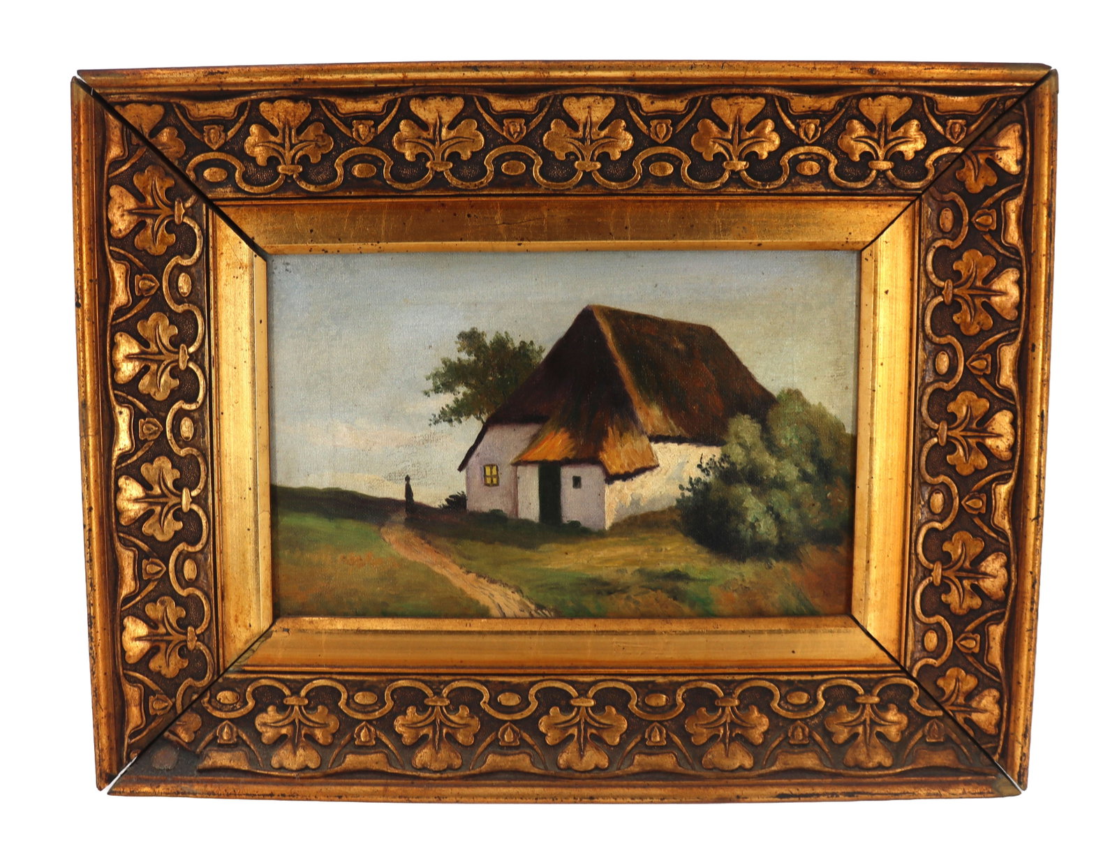 Early 20th Century Polish School Oil on Canvas: Early 20th Century Polish School Oil on Canvas of a figure walking on a pathway by a house with a thatched roof. Overall Size: 13 1/2 x 13 1/2 in. Sight Size: 6 1/4 x 10 1/2 in. 