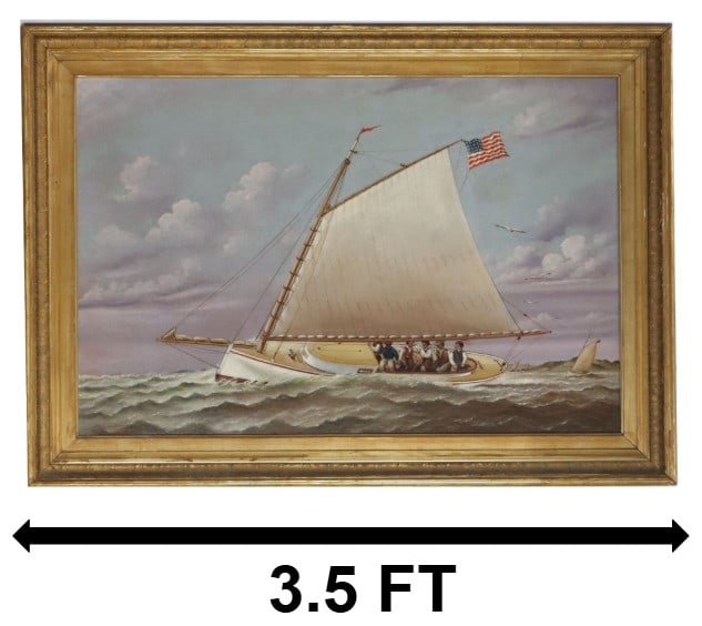 Charles Sidney Raleigh (1830-1925) English, Oil on Canvas Maritime Art: Charles Sidney Raleigh (1830-1925) English, Oil on Canvas Maritime Art. Depicting a sailboat with an American flag and several figures on board navigating choppy waters under a cloudy sky. Signed lowe