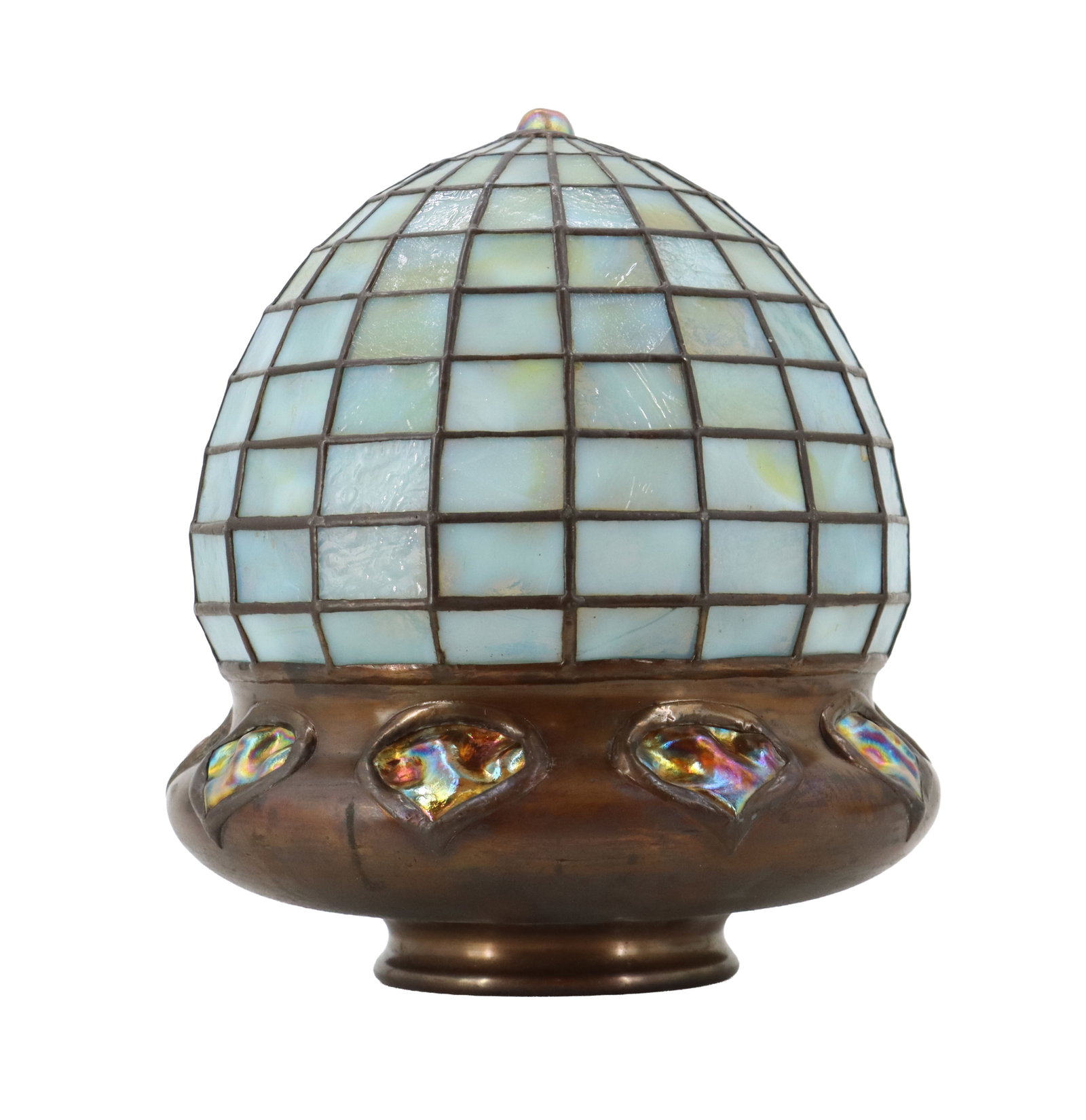 Antique Tiffany Studios New York Art Nouveau Geometric "Acorn" Desk Lamp: Antique Tiffany Studios Nw York Art Nouveau Geometric "Acorn" Desk Lamp. Tiffany Studios New York table lamp with dark bronze, four-footed base topped by a leaded glass shade showcasing
