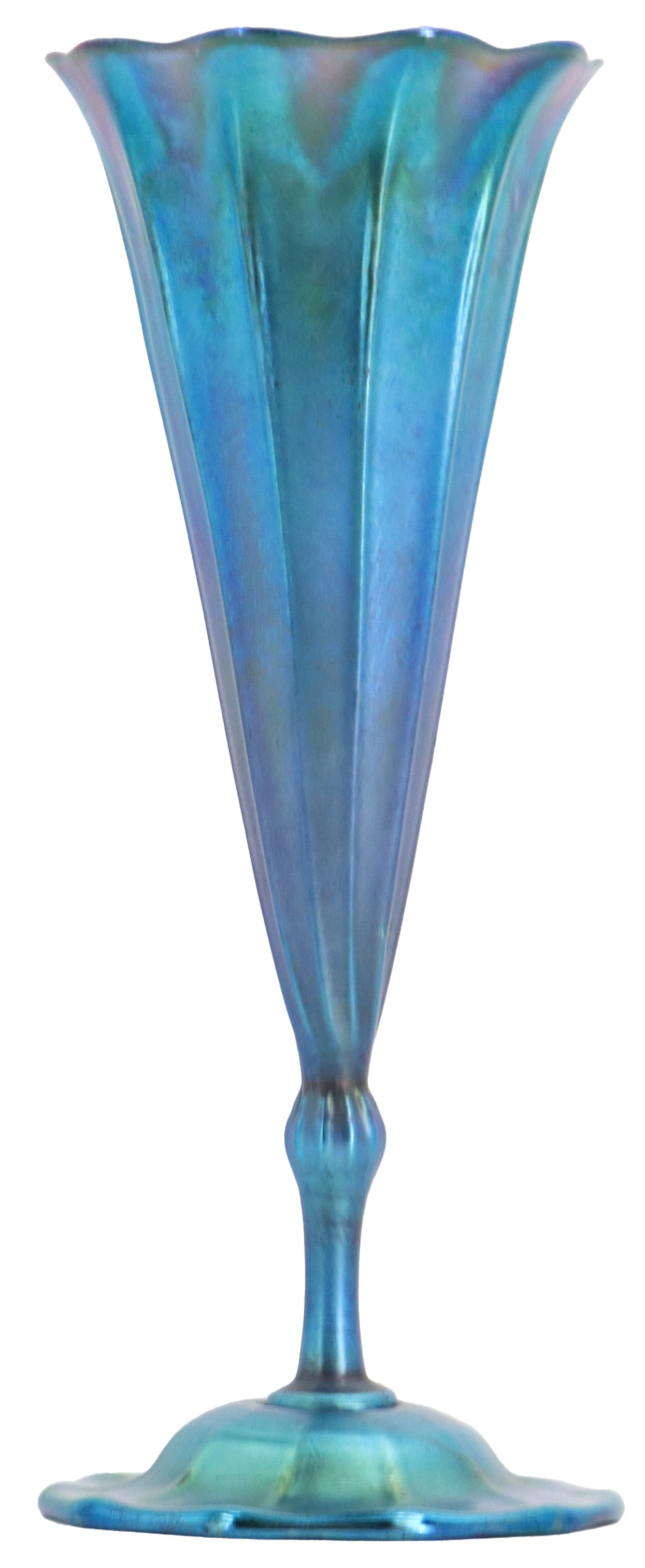 Signed Tiffany Studios Blue Favrile Glass Vase: Signed Tiffany Studios Blue Favrile Glass Vase. Signed Tiffany Studios iridescent glass trumpet vase, featuring a ribbed, flaring body and a scalloped rim finished in a luminous blue Favrile 