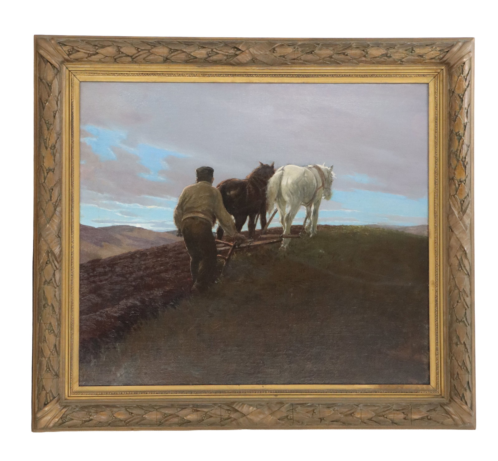 Emil Rau (1858–1937) German, Oil on Canvas Rural Landscape of Horses Plowing Field: Emil Rau (1858–1937) German, Oil on Canvas Rural Landscape of Horses Plowing Field. Rural landscape painting depicting a farmer guide a plow behind a pair of horses—one brown and one 