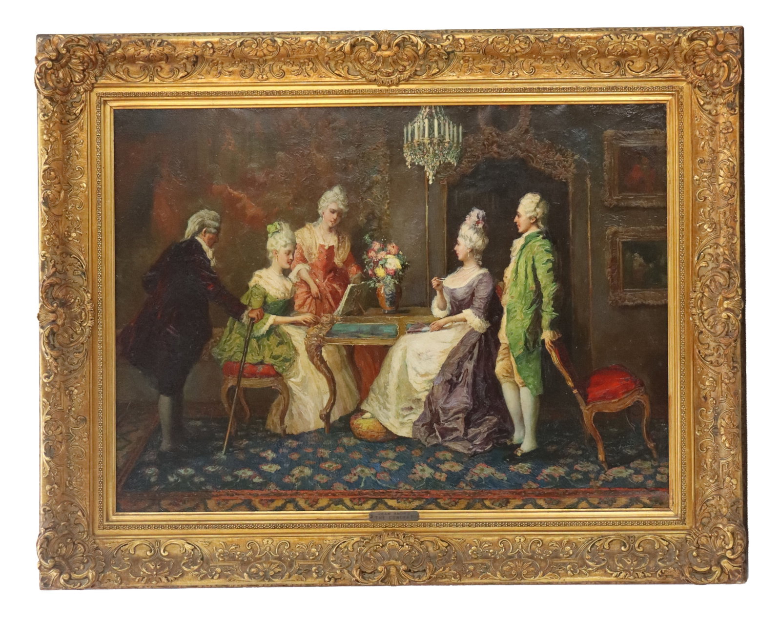 Attributed Jean Baptiste Andre Gautier-Dagoty (1740-1786) French, Oil on Canvas Rococo Genre Scene: Attributed Jean Baptiste Andre Gautier-Dagoty (1740-1786)) French, Oil on Canvas Rococo Genre Scene "The Concert"". Antique oil painting depicts an elegant 18th-century social