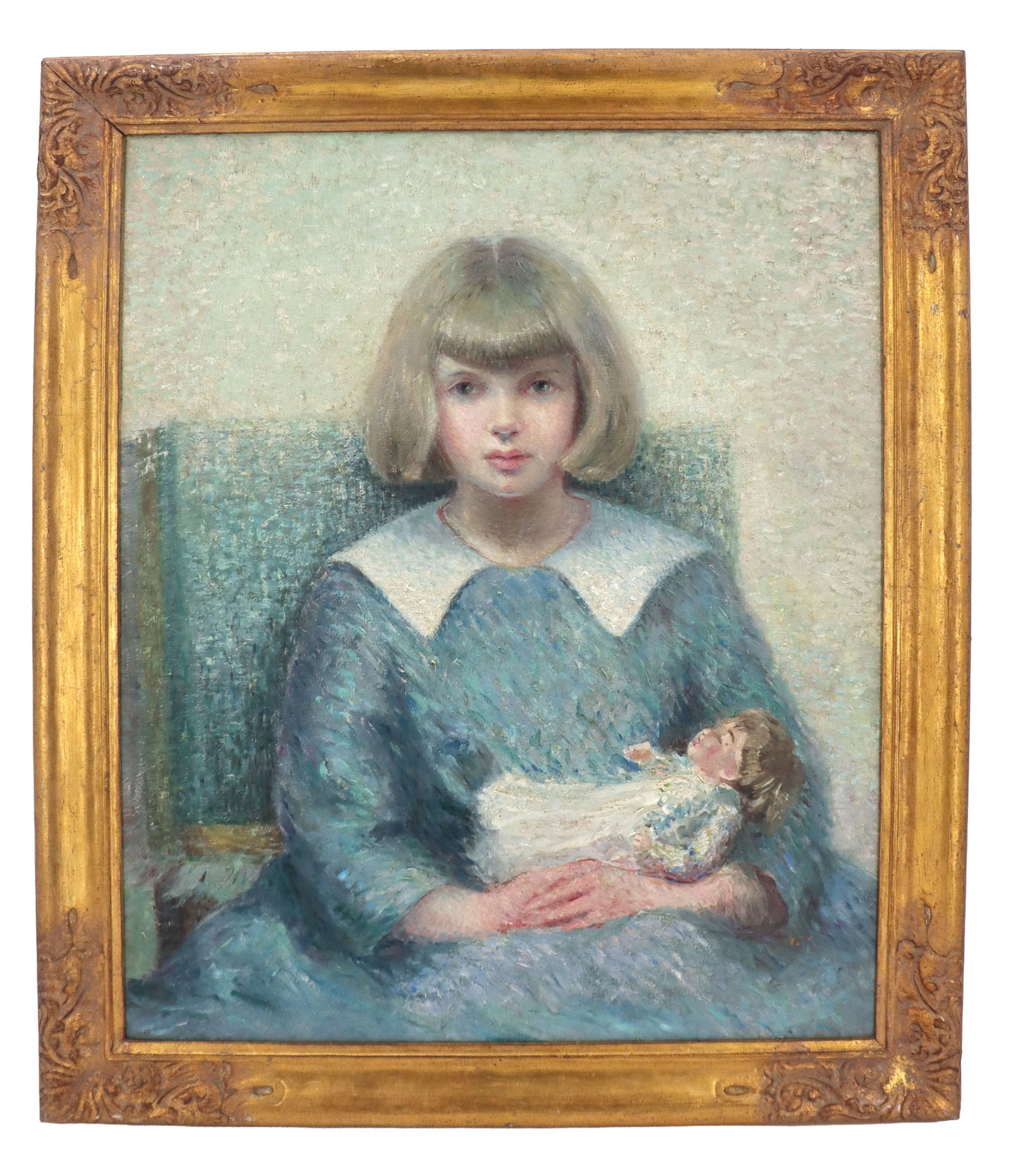 Gertrude Fay Lothrop (Born 1880) American, Oil on Canvas Painting of a Young Girl Holding Her Doll: Gertrude Fay Lothrop (Born 1880) American, Oil on Canvas Painting of a Young Girl Holding Her Doll. Lothrop exhibited at the society of independent artists in New York City in 1917. Signed with initia