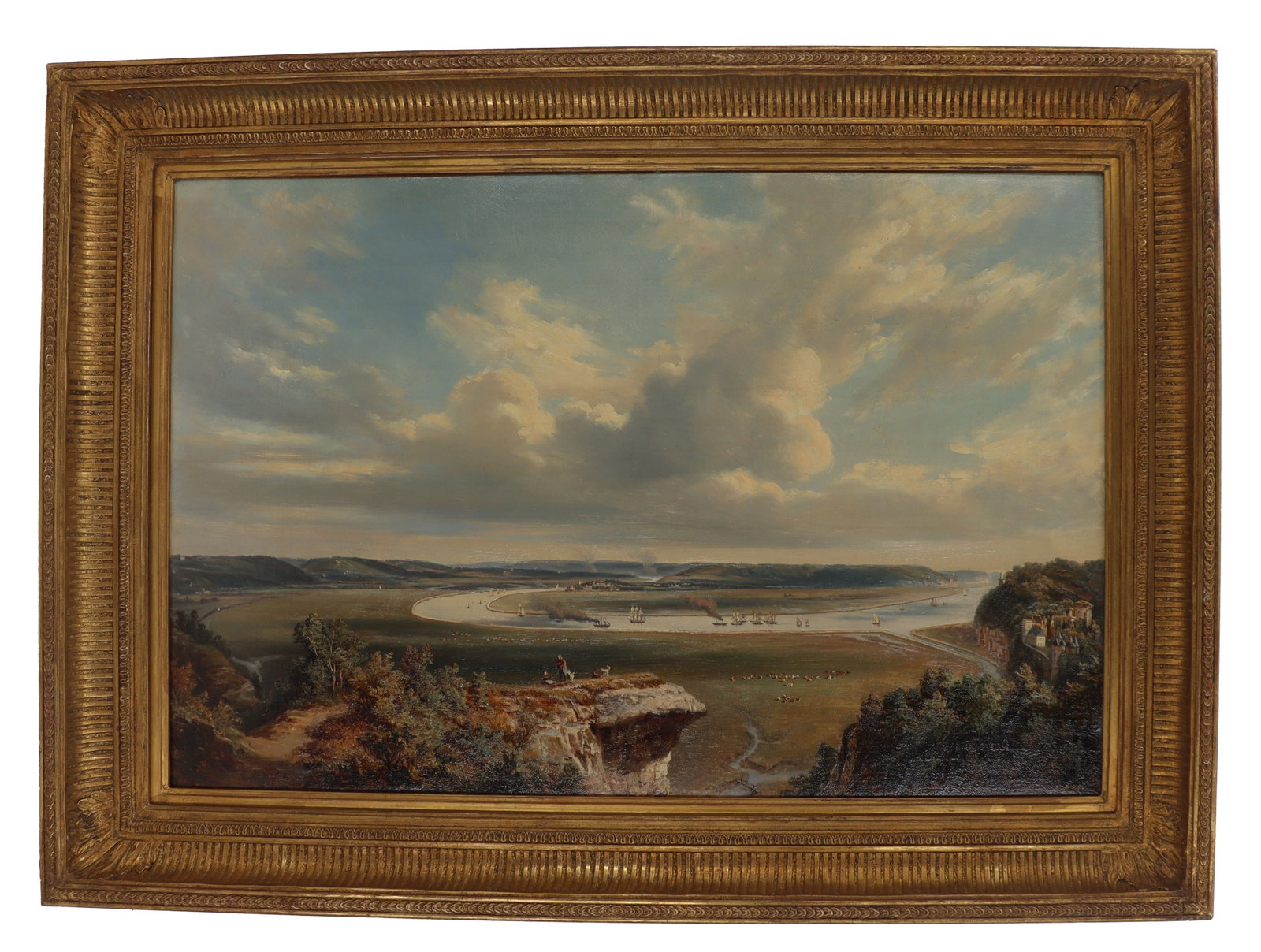 Edouard Hostein (1804-1889) French, Oil on Canvas, 1855 Panoramic View of the Seine Near Le Havre: Edouard Hostein (1804-1889) French, Oil on Canvas, 1855 Panoramic View of the Seine Near Le Havre. Signed and dated. Overall Size: 23 x 32 1/2 in. Sight Size: 16 3/4 x 26 in. 