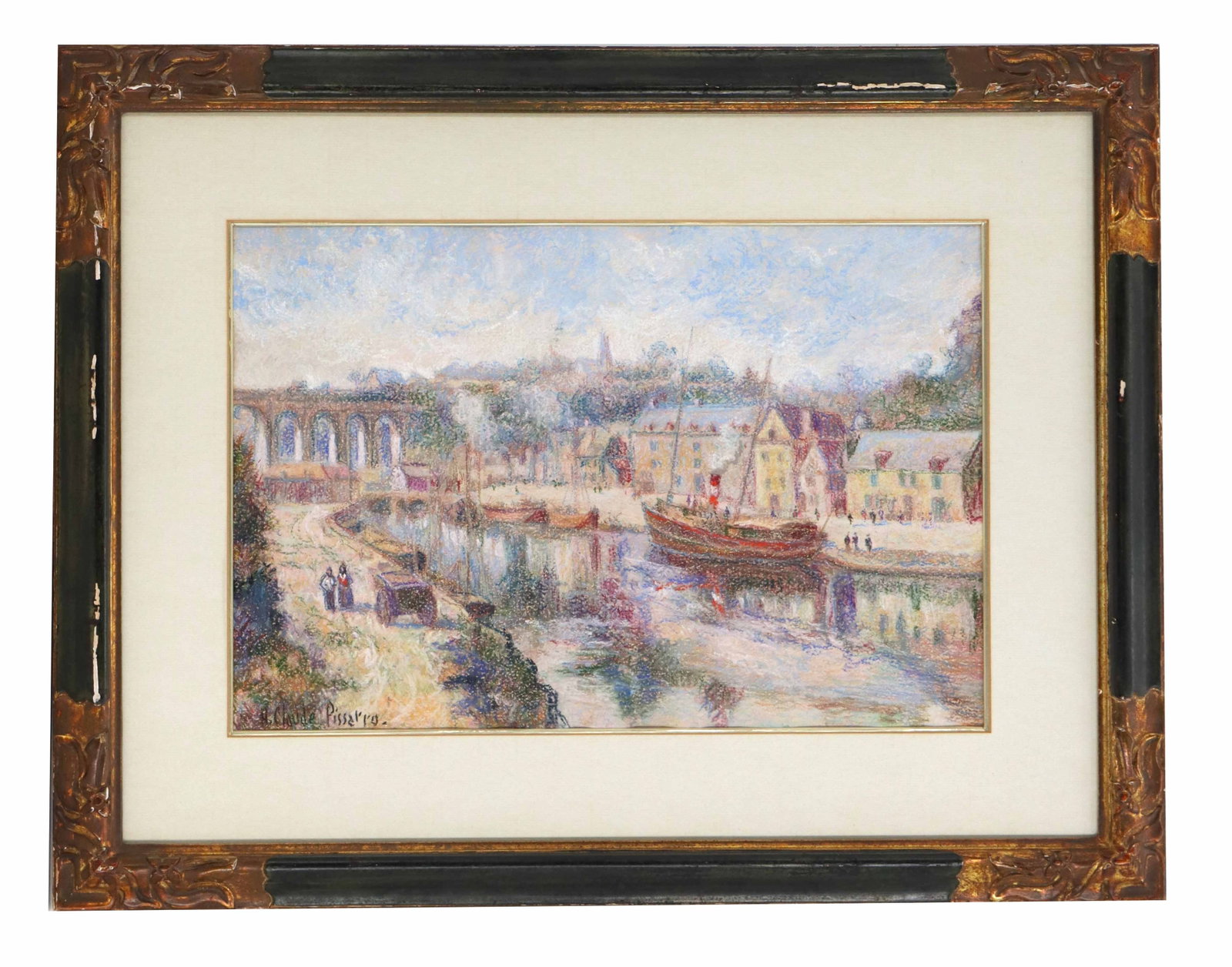 H. Claude Pissarro (Born 1935) French, "Le Coq Jaune" Etching Under Glass: H. Claude Pissarro (Born 1935) French, "Le Coq Jaune" Etching Under Glass. Depicts a canal with boats along it and a viaduct in the background leading to a city in the far distance in colorf