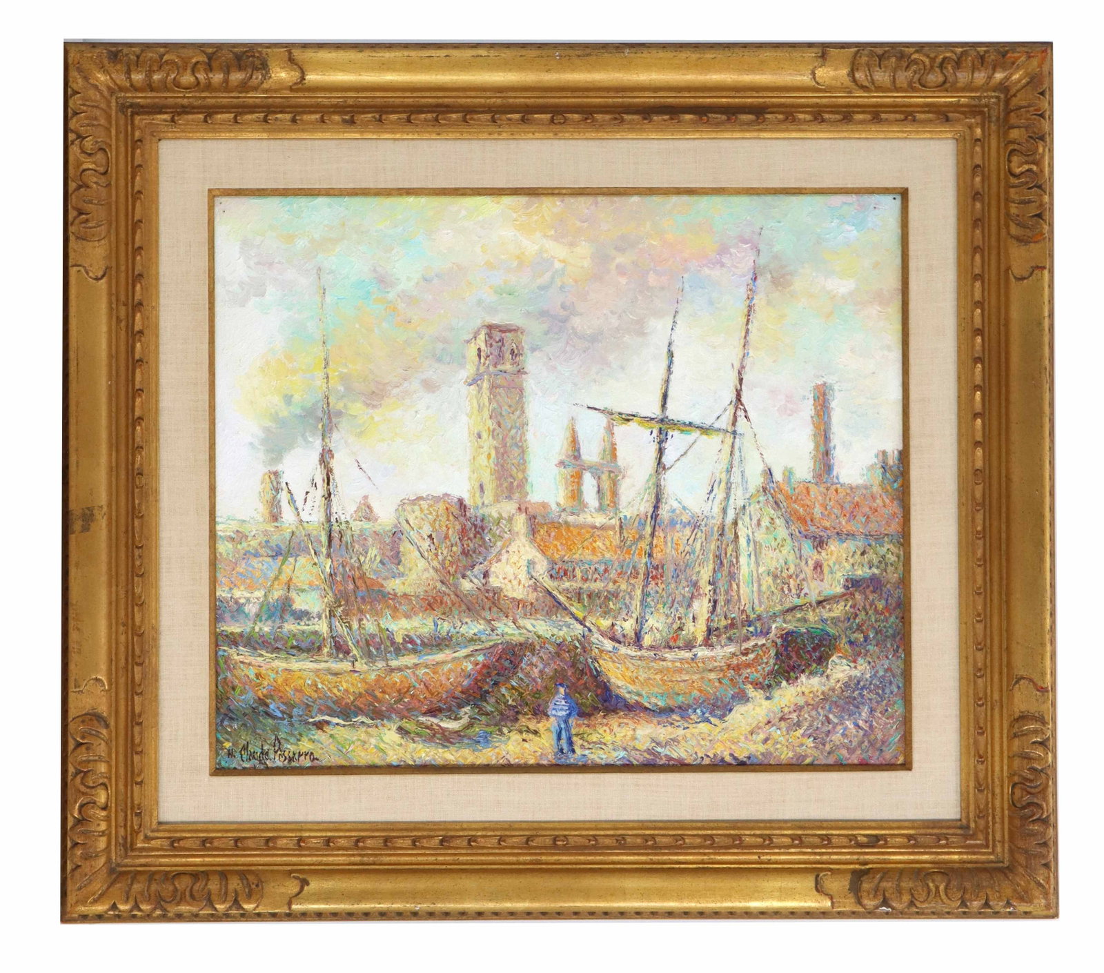 H. Claude Pissarro (Born 1935) French, "La tour carree du Port de St. Andrews" Oil on Canvas: H. Claude Pissarro (Born 1935) French, "La tour carree du Port de St. Andrews" Oil on Canvas. Depicts a bright Impressionist harbor scene in vibrant colors. Signed bottom left. Title written