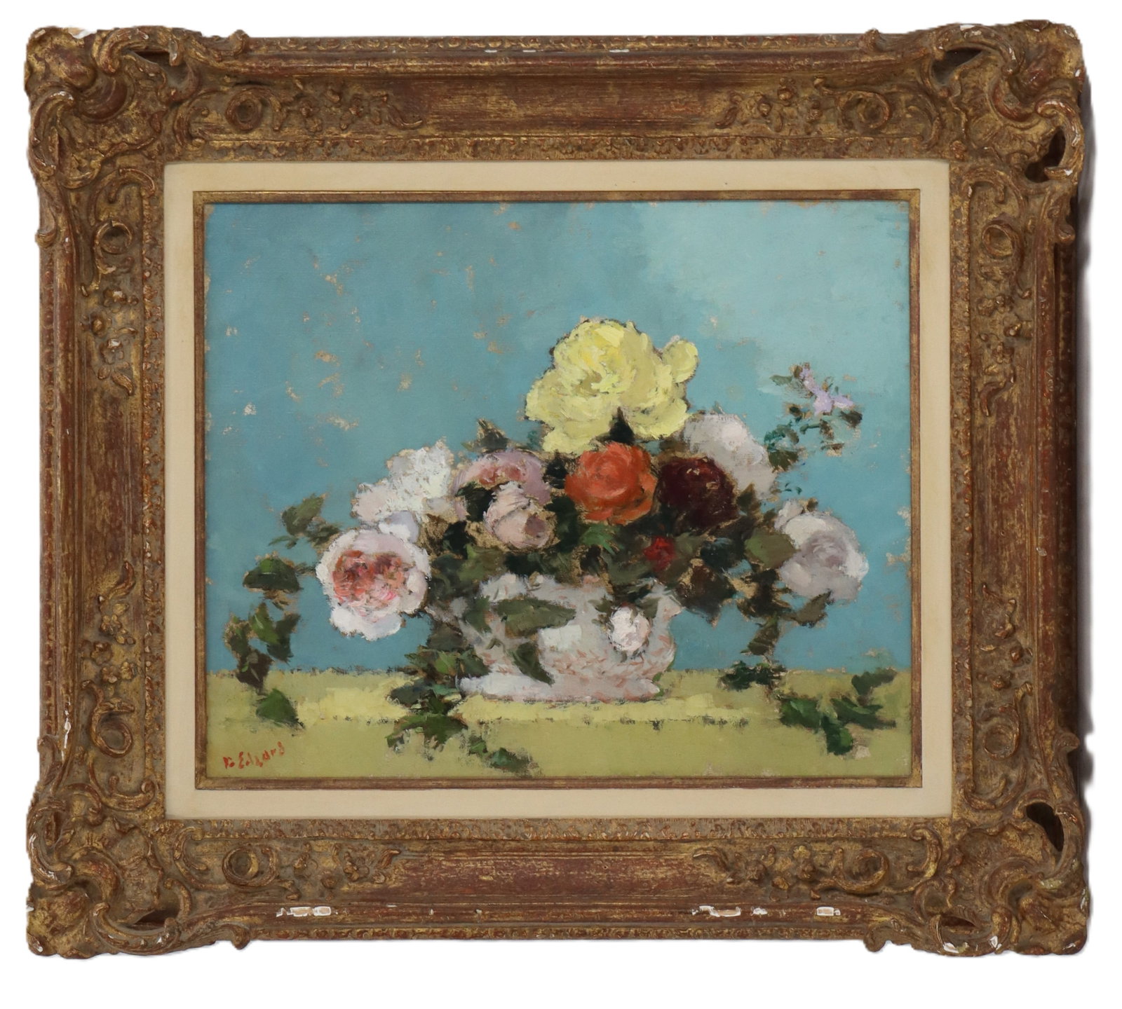 Dietz Edzard (1893-1963) French/German, "Fleurs" Oil on Canvas: Dietz Edzard (1893-1963) French/German, "Fleurs" Oil on Canvas. Still life. Signed bottom left. Two labels on back, one on the stretcher from the original acquisition at the Marble Arch Gall