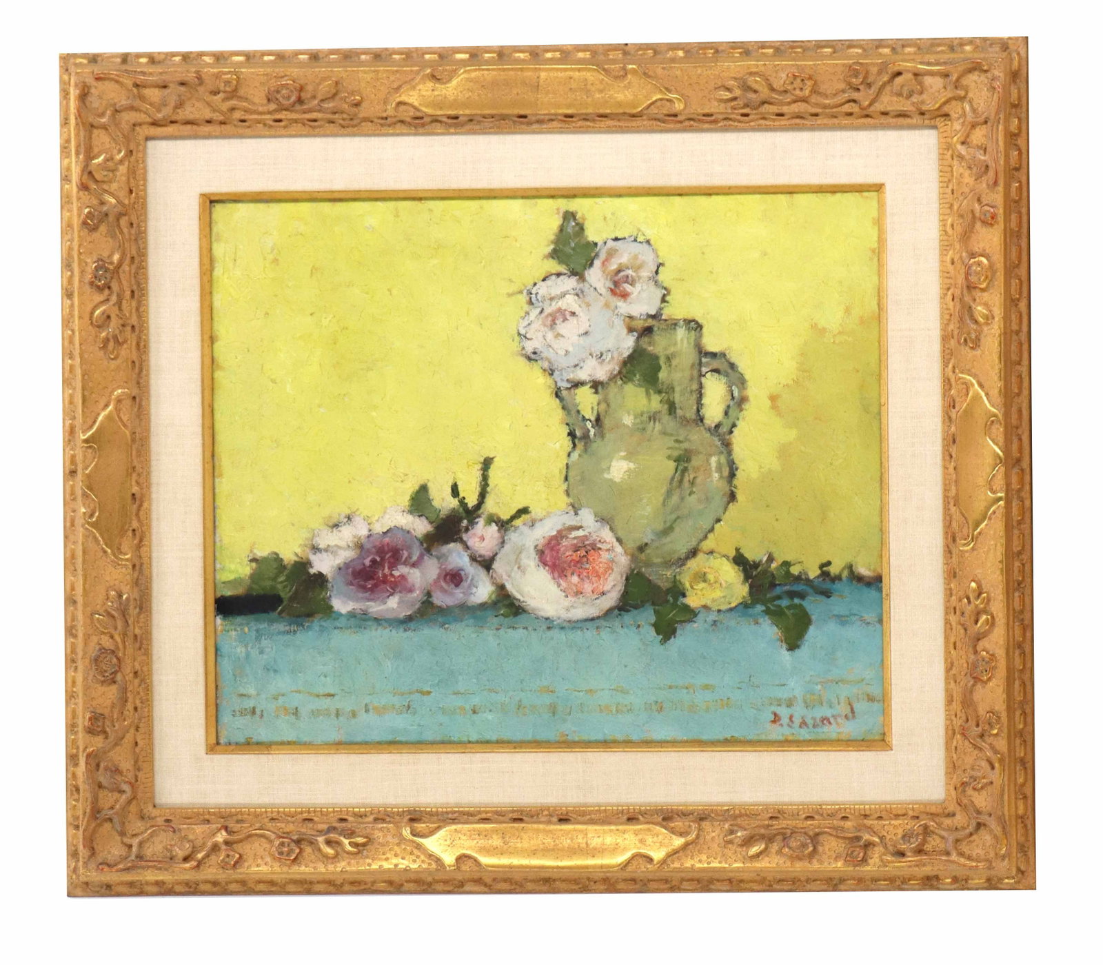 Dietz Edzard (1893-1963) German/French, "Roses" Oil on Canvas: Dietz Edzard (1893-1963) German/French, "Roses" Oil on Canvas. Still life of a glass two-handled vase with flowers in and around it. Signed bottom right. Two labels on the back of the ornate