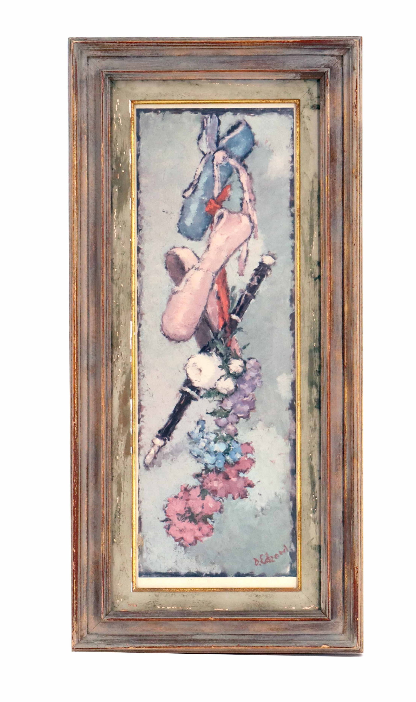 Dietz Edzard (1893-1963) French/German, "Reminiscences of Ballet" Framed Screenprint: Dietz Edzard (1893-1963) French/German, "Reminiscences of Ballet" Framed Screenprint. The tall vertical piece is one of his endearing favorites, a still life of ballet pointe shotes, a clari