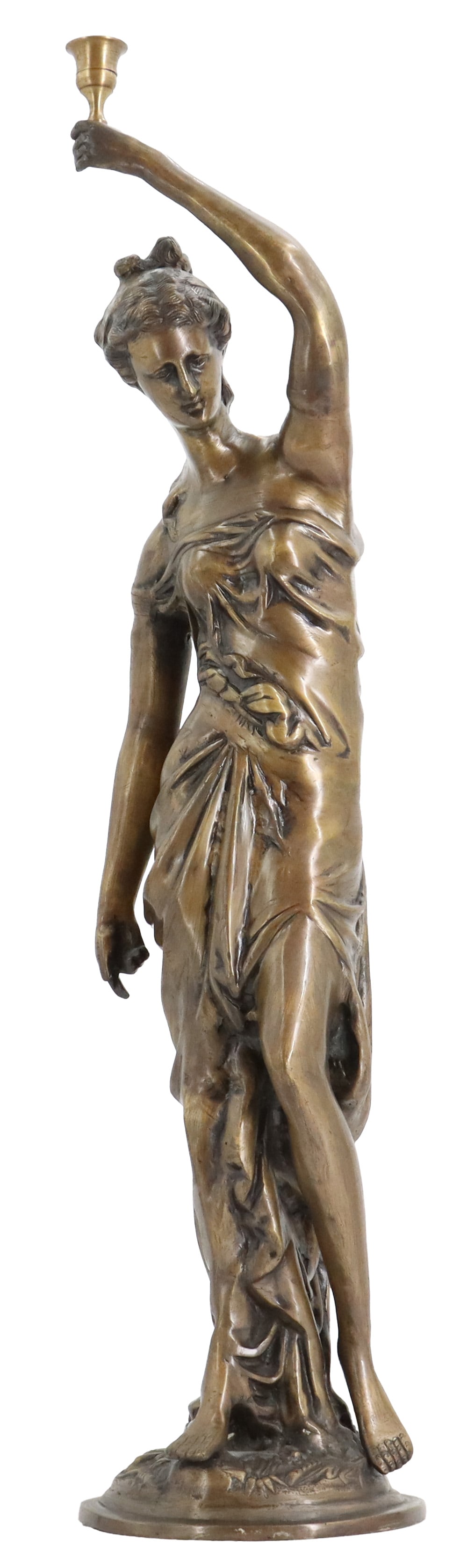 Neoclassical Sculptural Maiden Cast Bronze Candlestick: Neoclassical Sculptural Maiden Cast Bronze Candlestick. A delicate female form in toga with left arm raised above her head, holding the candleholder, which appears to be newer based on the patination.