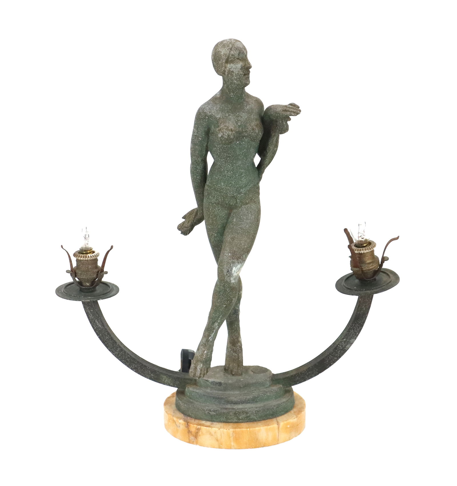Vintage Bronze and Marble Art Deco Figurative Electrified Table Lamp: Vintage Bronze and Marble Art Deco Figurative Electrified Table Lamp. Art Deco-style bronze lamp featuring a central female figure with crossed legs flanked by two curved arms holding light