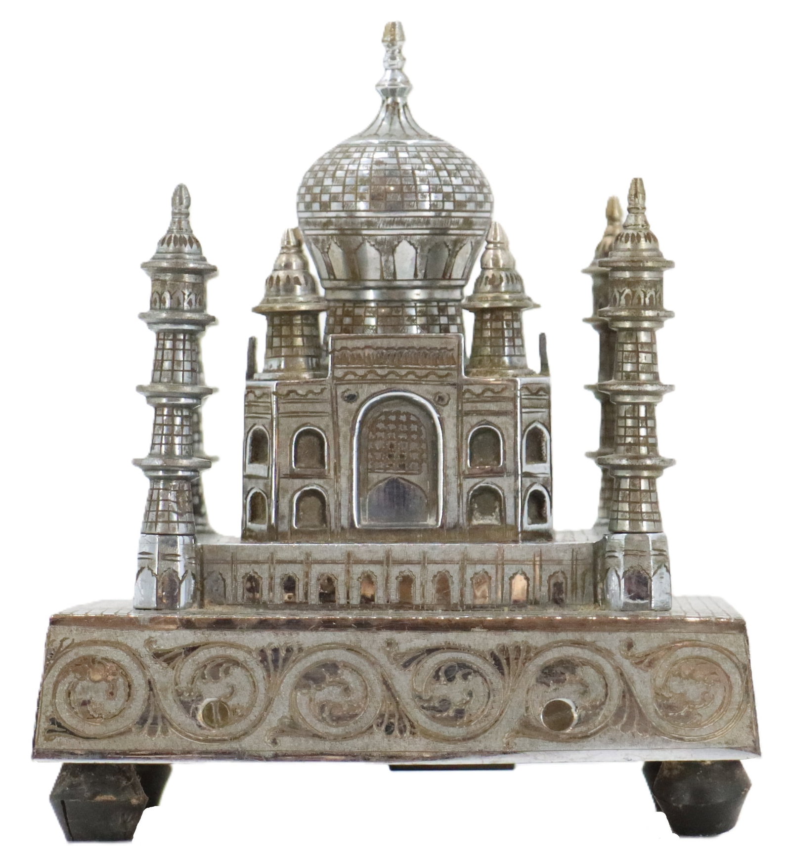 Zimbalist Nickel-Plated Taj Mahal Music Box with Swiss Thorens Movement: Zimbalist Nickel-Plated Taj Mahal Music Box with Swiss Thorens Movement. The beautiful reproduction of the mausoleum has intricate detailing of the main structure and the surrounding four minarets,