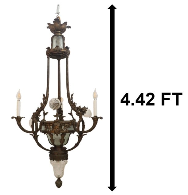 Antique French Neoclassical Gilt Bronze Chandelier with Glass Inserts: Antique French Neoclassical Gilt Bronze Chandelier with Glass Inserts. The piece likely originated in the late 19th Century during the early period of the Beaux Arts movement, later rewired for electr
