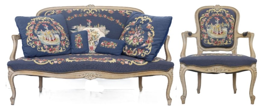French Aubusson Louis XV Style Needlepoint Settee and Armchair with 5 Pillows: French Aubusson Louis XV Style Needlepoint Settee and Armchair with 5 Pillows. The parlor set in the tapestry style have lovely detailed rose and vine shapes throughout, with a rich blue main field