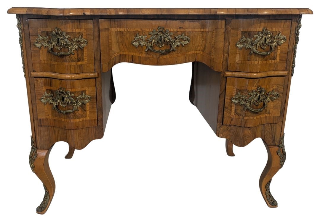 Dresden Baroque Style Burled Wood and Bronze Accented Writing Desk: Dresden Baroque Style Burled Wood and Bronze Accented Writing Desk. Includes beautiful marquetry throughout, and the bronze side pieces and handles are adorned with cherubs and