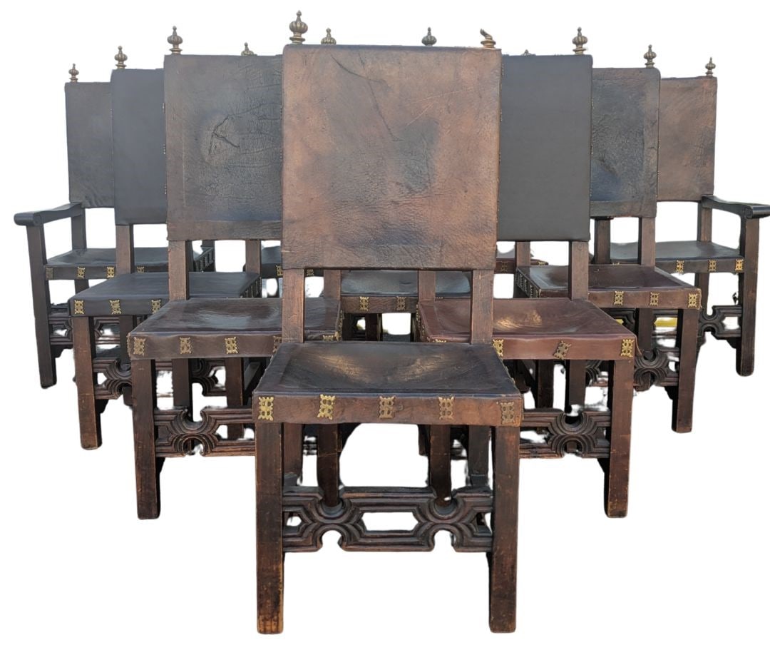 (6) Piece Matching Spanish Colonial Revival Frailera Leather Bound Oak Dining Chair Set (1 of 20)