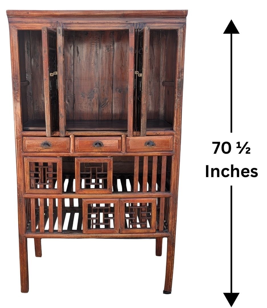Antique Chinese Carved Elmwood Cupboard and Food Cabinet: Antique Chinese Carved Elmwood Cupboard and Food Cabinet. Features intricate fretwork doors and mortise and tenon joinery, with three small pull-out drawers between the top shelves and the two bottom