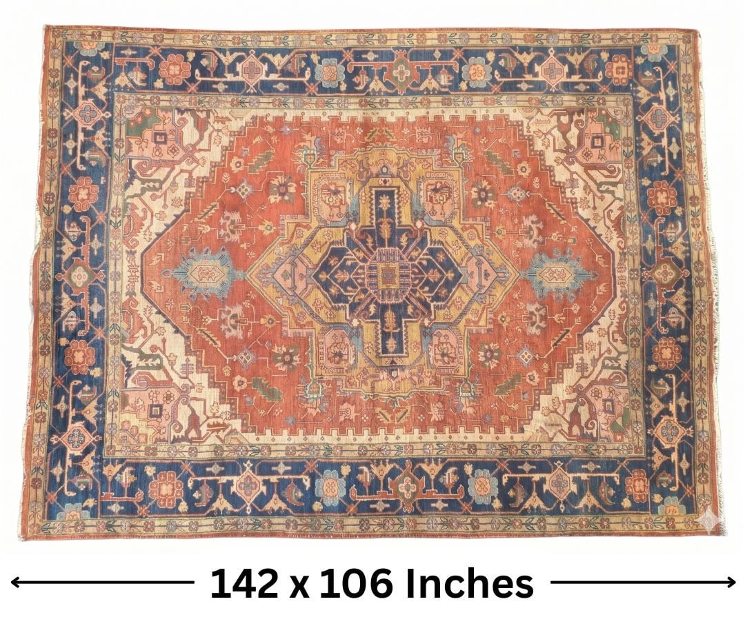 Incredible Antique Handmade Persian Serapi Wool Carpet: Incredible Antique Handmade Persian Serapi Wool Carpet. A central medallion with navy hues bordered by a similar geometric shape in tan draws the eye to the center of the rust-hued field, with cream, 