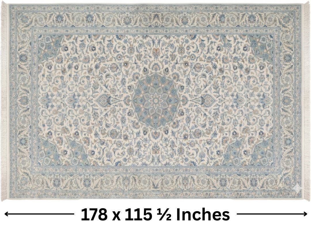 Monumental Persian Nain Wool Carpet: Monumental Persian Nain Wool Carpet. Almost fifteen feet long and ten feet wide, and using the traditional light cream and ivory tones the Nain rugs are famous for, the form and central medallion