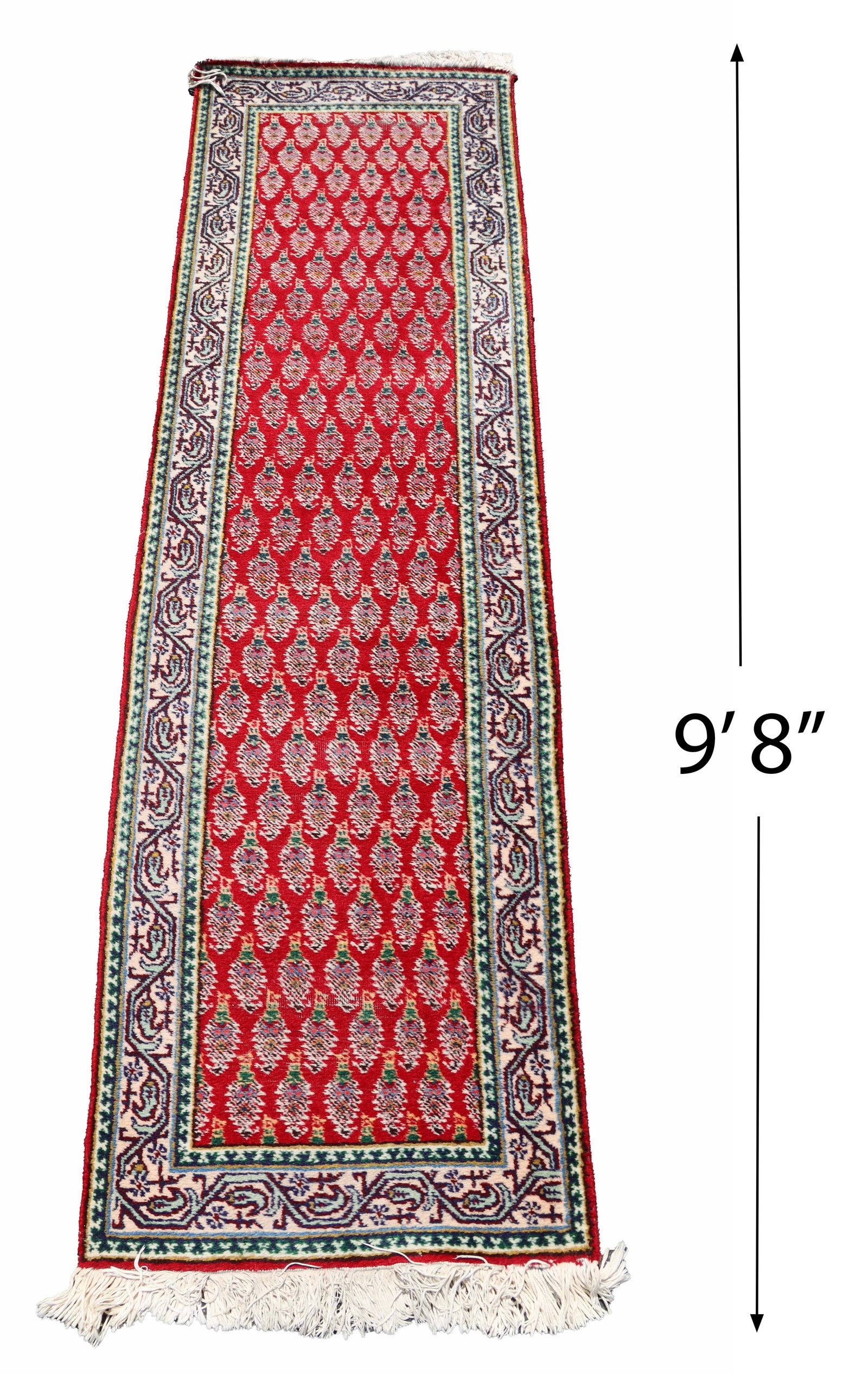 Long Persian Tabriz Wool Runner: Long Persian Tabriz Wool Runner. Handmade with classic vine and leaf pattern in the border complimenting the striking red field with repeating paisley boteh pattern. Matching with the longer piec