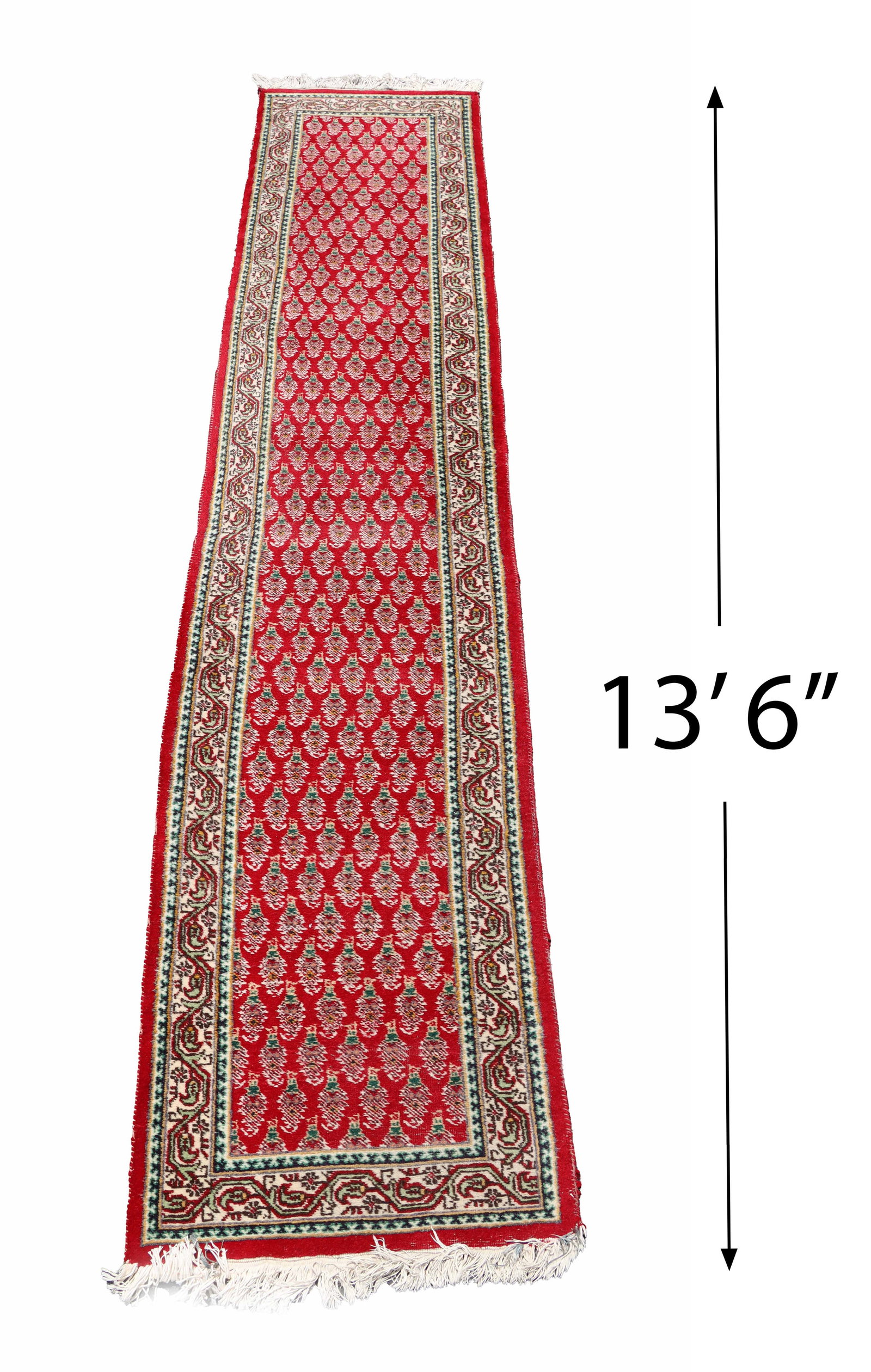 Incredible Persian Tabriz Wool Runner: Incredible Persian Tabriz Wool Runner. Handmade masterwork with classic vine and leaf pattern in the border complimenting the striking red field with repeating paisley boteh pattern. Size: 