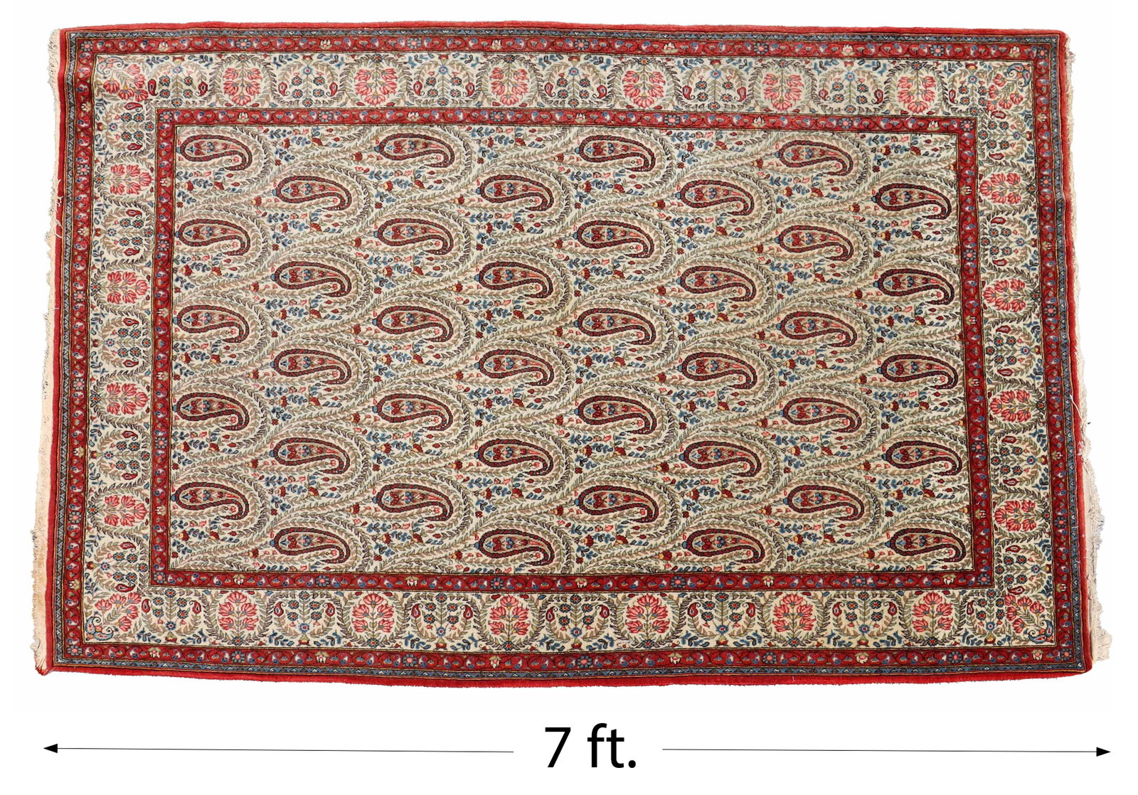 Persian Qom Hand-Knotted Wool Rug: Persian Qom Hand-Knotted Wool Rug. Beautiful traditional all-over paisley boteh design in the field, with repeating flower and vine patterns in the border. Size: 65 1/2 x 83 in. Qom rugs (