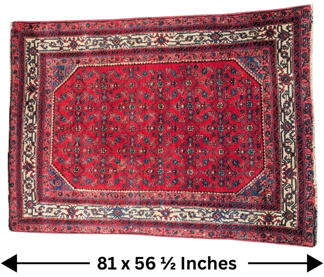 Beautiful Persian Hamadan Wool Rug: Beautiful Persian Hamadan Wool Rug. A rich maroon hue dominates most of the piece, with a cream-backed inner border and an all-over geometric floral pattern throughout the main field. 