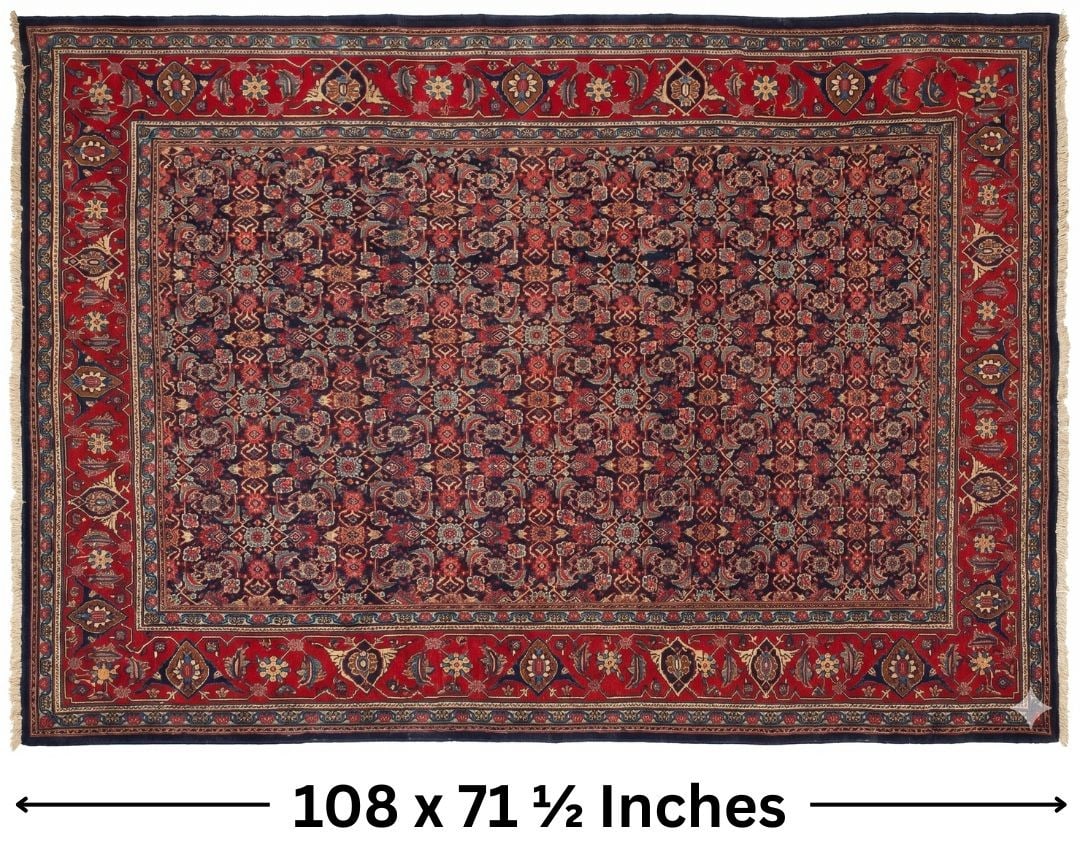 Large Persian Mahal Wool Rug: Large Persian Mahal Wool Rug. All-over highly geometric floral pattern in the center field, with larger leaf, vine, and bud shapes in the red field of the border. A striking navy blue line at the