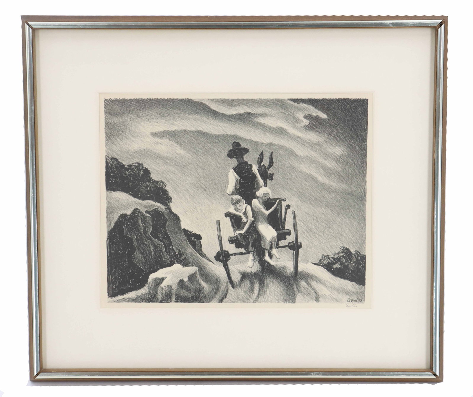 Thomas Hart Benton (1889-1975) American, "Goin Home" Signed Original Lithograph: Thomas Hart Benton (1889-1975) American, "Goin Home" Signed Original Lithograph. Depicts a pair of children in the back of a horse drawn cart with the driver heading away into the